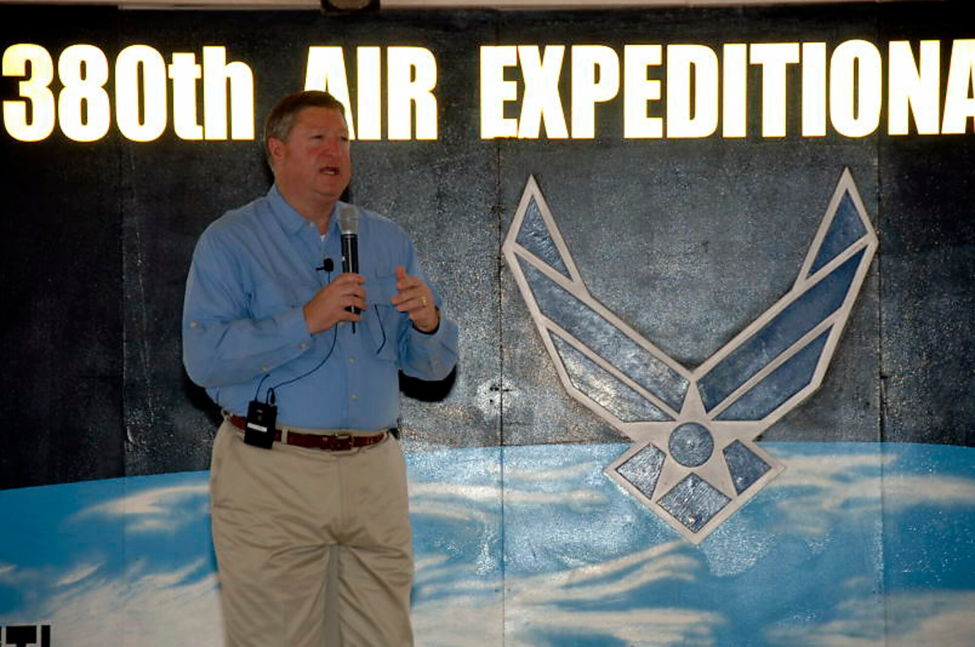 Secretary of the Air Force Michael B. Donley speaks to Airmen from the 380th Air Expeditionary Wing at an air base in Southwest Asia Oct. 12. The secretary visited the 380th Air Expeditionary Wing to gain a better understanding of the infrastructure and capabilities of one the smallest but most diverse bases in the Air Forces Central area of responsibility. (U.S. Air Force photo/Tech. Sgt. Christopher A. Campbell)