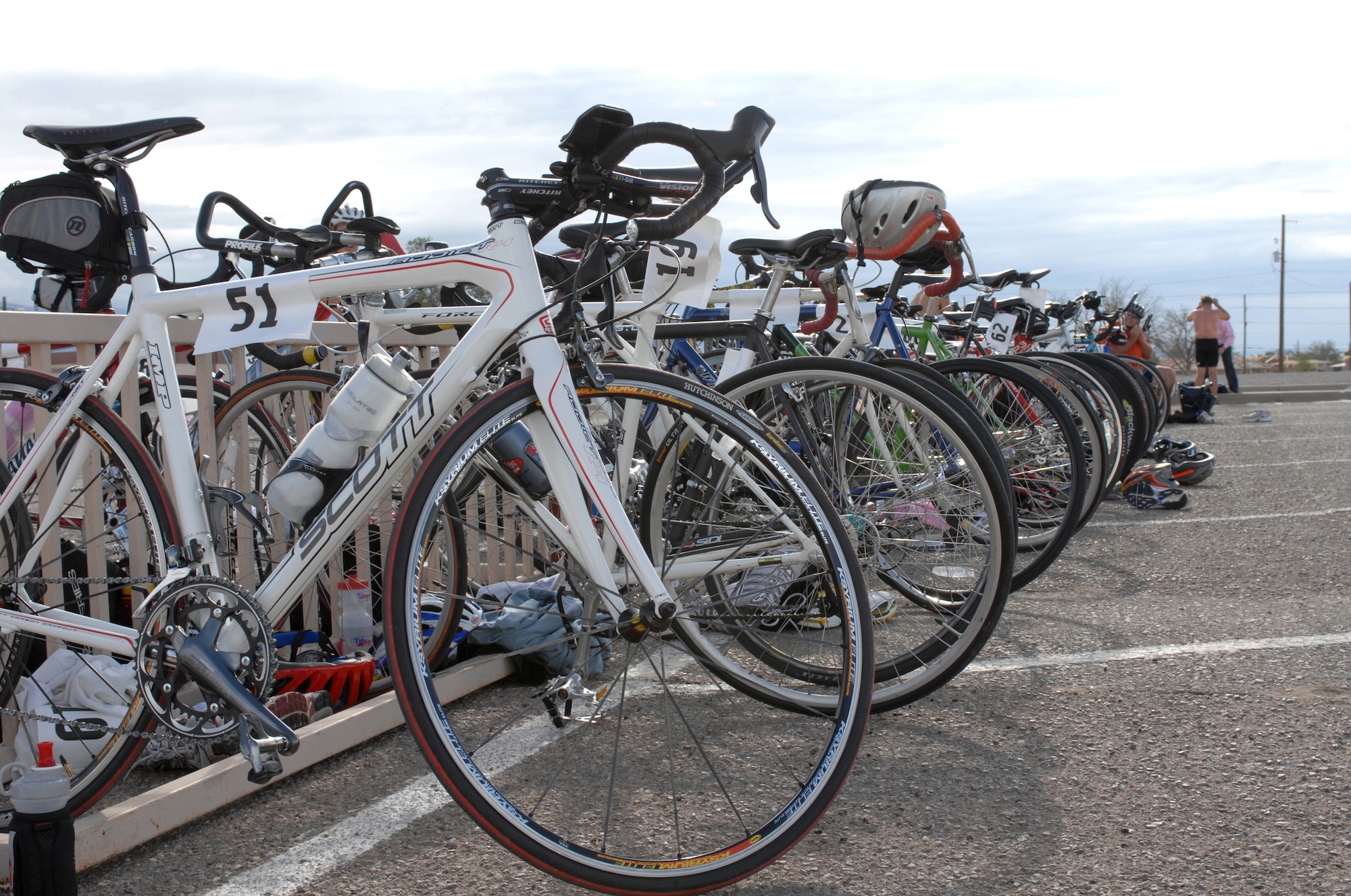 The bicycles of more than 60 athletes sit at the Aquatic Center at Holloman Air Force Base, N.M., October 12, during the annual Triathlon. The athletes ran 5K, biked 30K and swam 700 meters to complete the race. (U.S. Air Force photo/Airman Sondra M. Escutia)