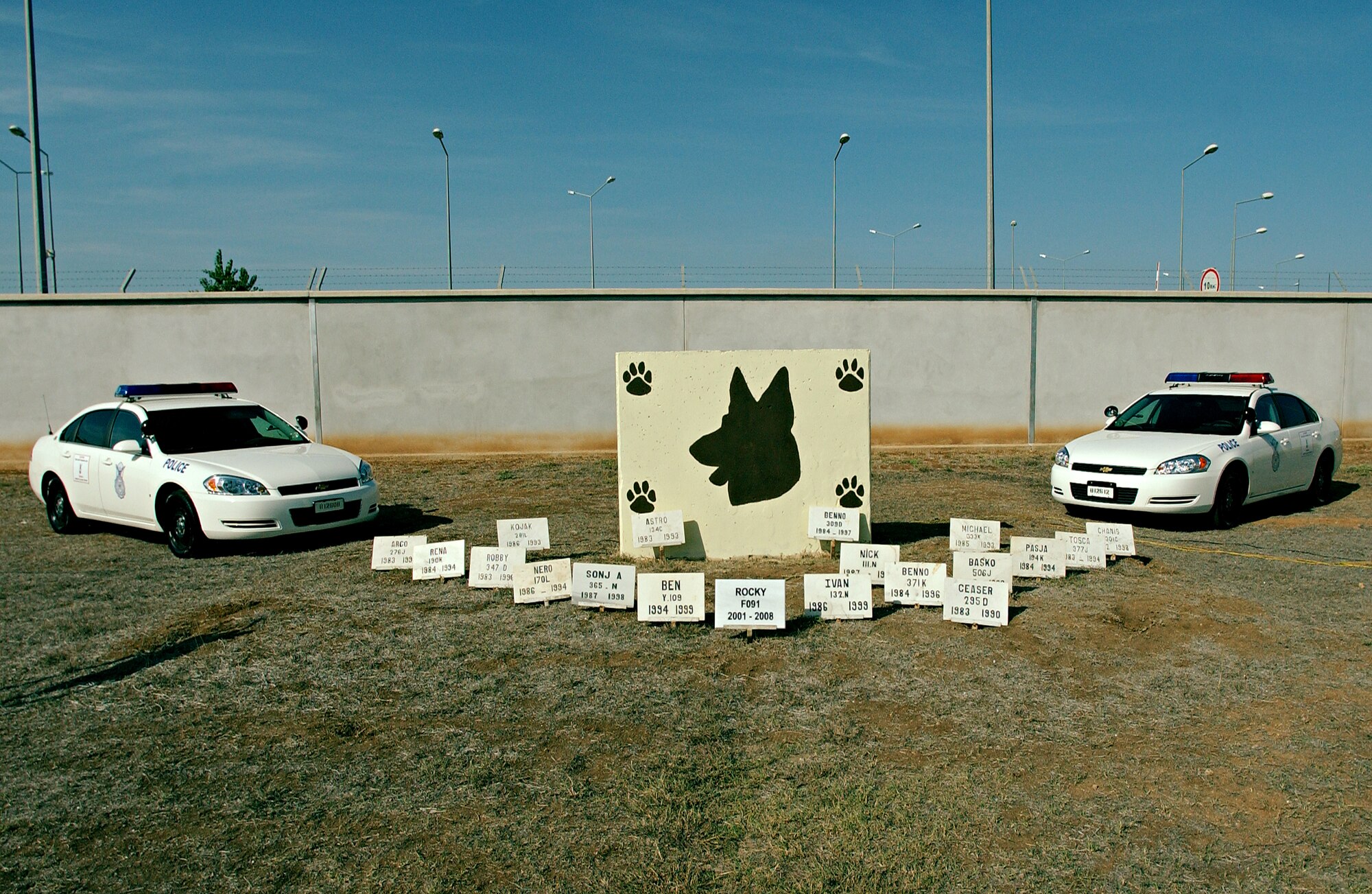 39th Security Forces Squadron patrol cars align in remembrance of Rocky, an Incirlik military working dog that lost his battle with cancer this year, as well as Rocky’s fallen MWD comrades.