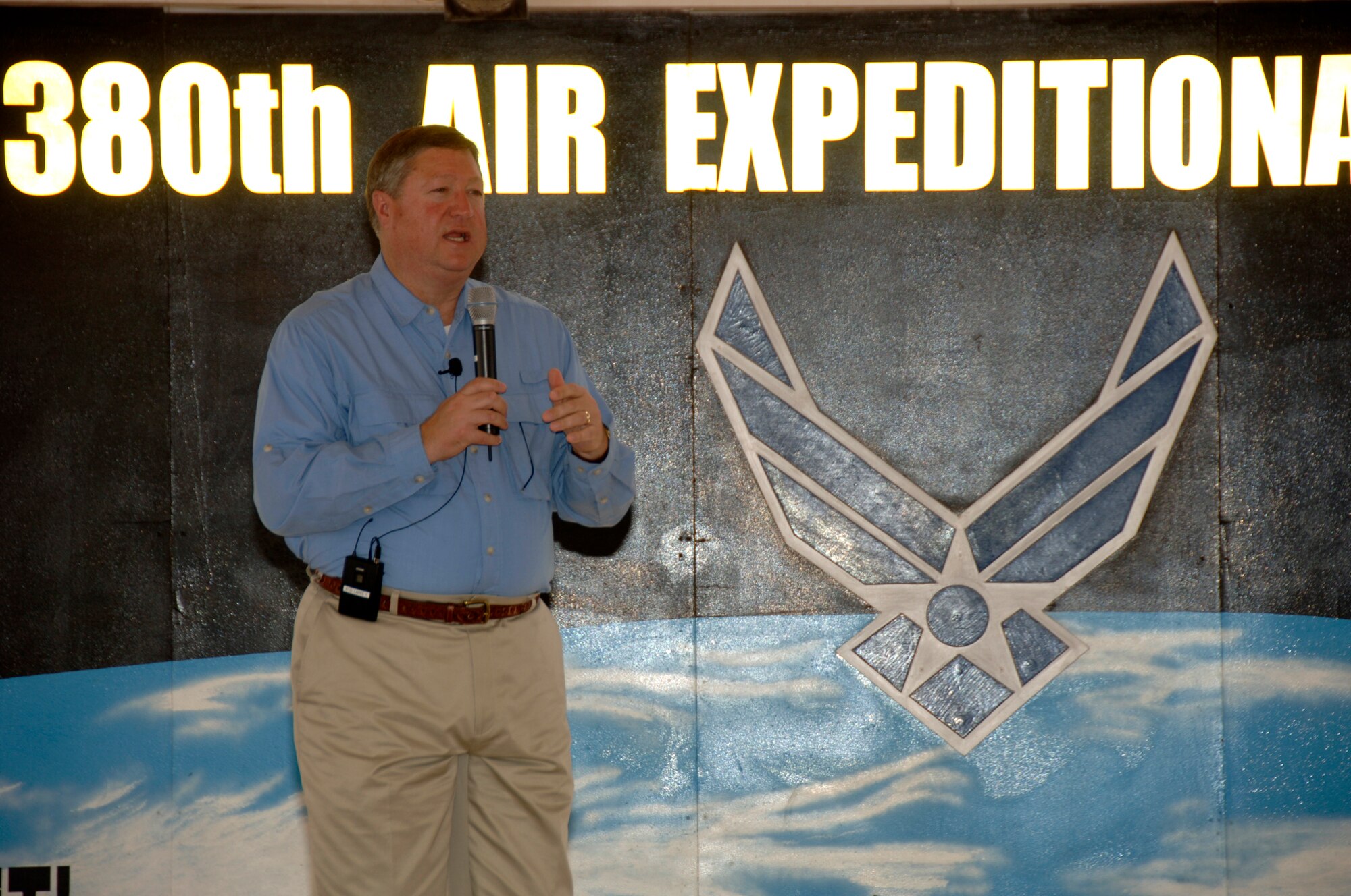 SOUTHWEST ASIA -- Secretary of the Air Force Michael B. Donley speaks to the 380th Air Expeditionary Wing here Oct. 12. The Secretary visited the 380th Air Expeditionary Wing to gain a better understanding of the infrastructure and capabilities of one the smallest but most diverse bases in the Area of Responsibility. (U.S. Air Force photo/Tech. Sgt. Christopher A. Campbell)(released)