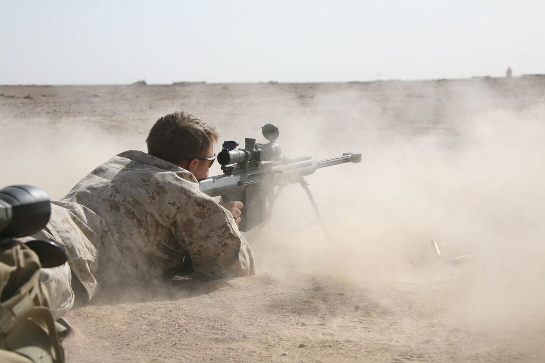 A Marine sniper attached to Task Force 2d Battalion, 7th Marine Regiment, Special Purpose Marine Air Ground Task Force Afghanistan, fires at targets on a range on Camp Barber, Afghanistan. The marksmanship skills of the Marines proved far superior during the Battle of Shewan, enabling the Marines to reduce the enemy force that was more than eight times the size of their own.