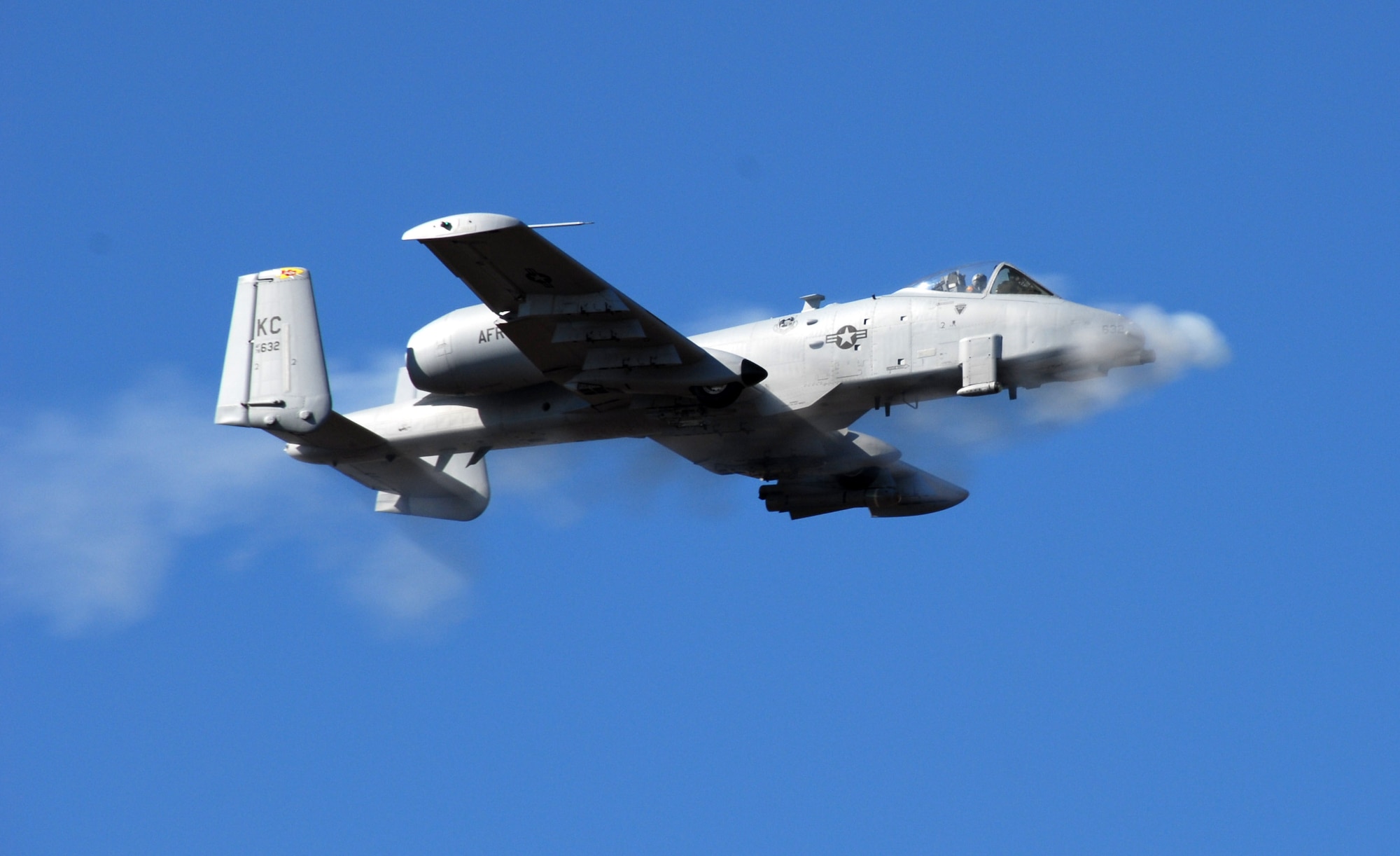 An A-10 Thunderbolt II pilot from the 442nd Fighter Wing, an Air Force Reserve Command unit based at Whiteman Air Force Base, Mo., fires the plane's 30-mm cannon toward a target at the Smoky Hill Range near Salina, Kan., Oct. 16.  Fourteen A-10 units from across the Air Force competed this week in Hawgsmoke 2008, a bienniel A-10 bombing and aerial gunnery competition hosted by the  442nd FW.  (U.S. Air Force photo/Master Sgt. Bill Huntington)