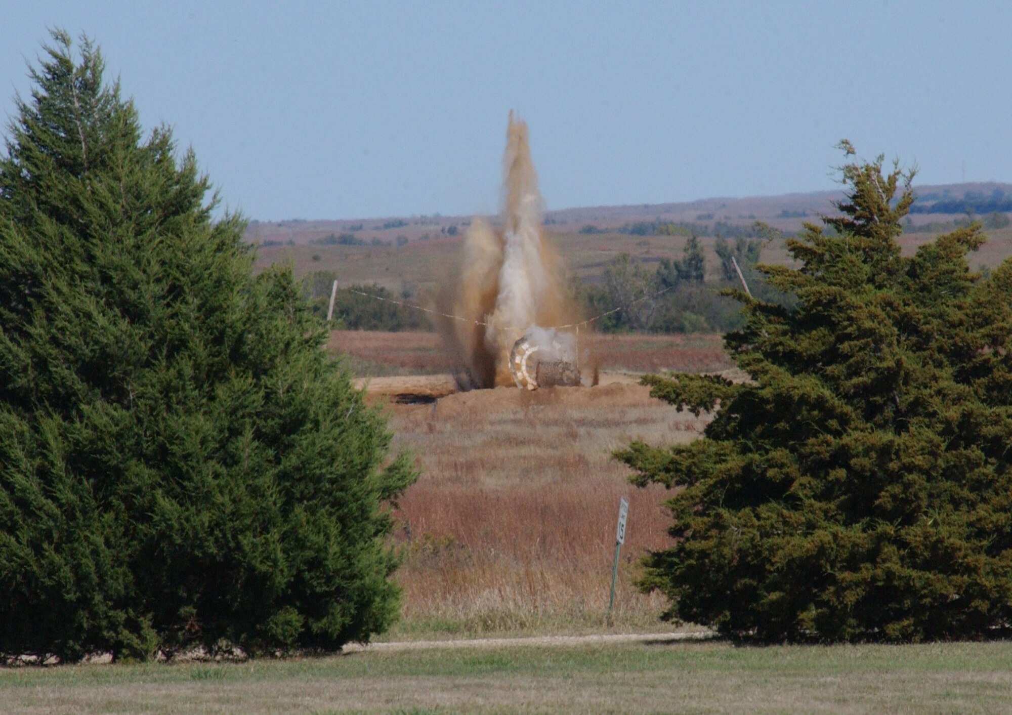 Thirty-millimeter bullets fired from an A-10 Thunderbolt II impact a strafe pit at the Smoky Hill Range near Salina, Kan., Oct. 16.  Fourteen A-10 squadrons from across the Air Force competed in Hawgsmoke 2008 Oct. 14 to 18.  Hawgsmoke is a bienniel A-10 bombing and aerial gunnery competition, which was hosted this year by the 442nd Fighter Wing, an Air Force Reserve unit based at Whiteman Air Force Base, Mo.  (U.S. Air Force photo/Tech. Sgt. John Vertreese)