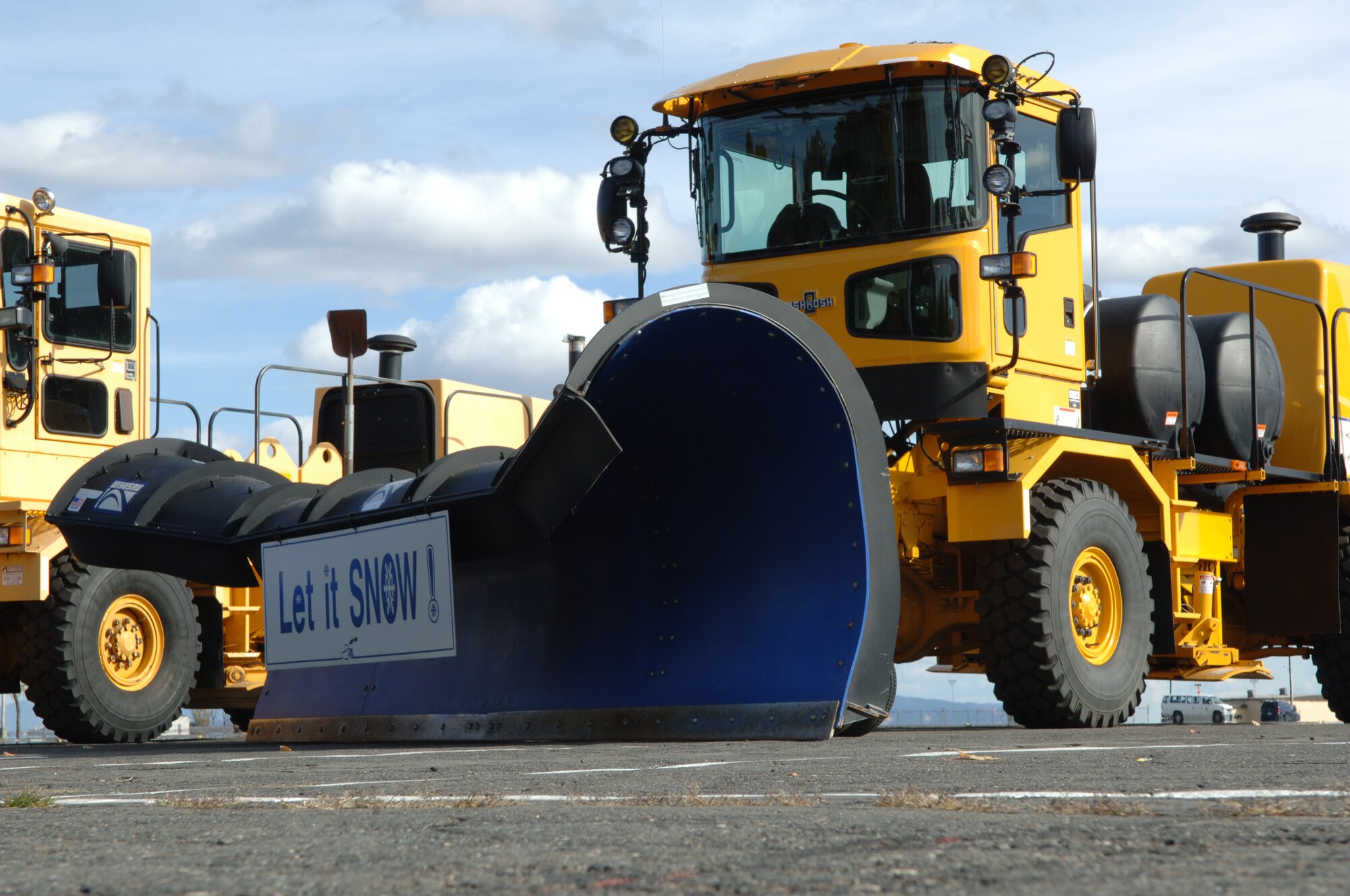 FARICHILD AIR FORCE BASE, Wash. – The 20-foot wide airfield snow plow sits waiting for the Snow Parade to begin Oct. 14. The Snow Parade is an annual event on Fairchild symbolizing the formal beginning of the snow removal season. (U.S. Air Force photo / Senior Airman Jocelyn A. Ford)