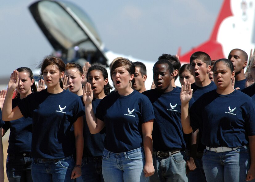 Members of the 364th Recruiting Squadron DelayedEntry Program recite the oath of enlistment August, 30th on the flight line during Travis Air Expo 2008.  The enlistment was the largest DEP swear-in ceremony held to date at Travis Air Force Base.  USAF photo by Civ/Amanda Lopez