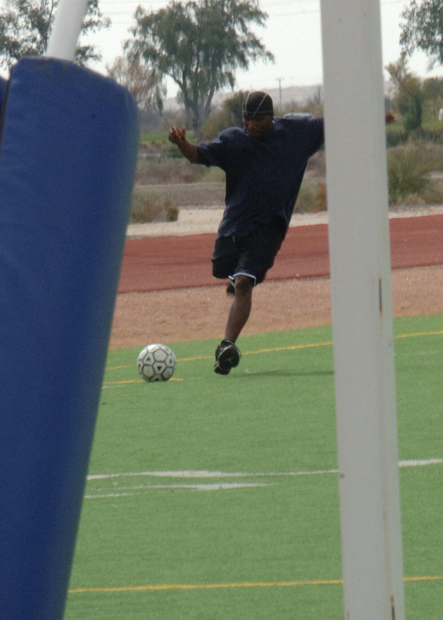 Airmen from 49th Materiel Maintenance Group compete in the soccer kick competition during Sports Day at Holloman Air Force Base, N.M., October 10. Airmen from all squadrons come out to participate in many of Hollomans 15 different events. (U.S. Air Force photo/Airman 1st Class Michael Means)
