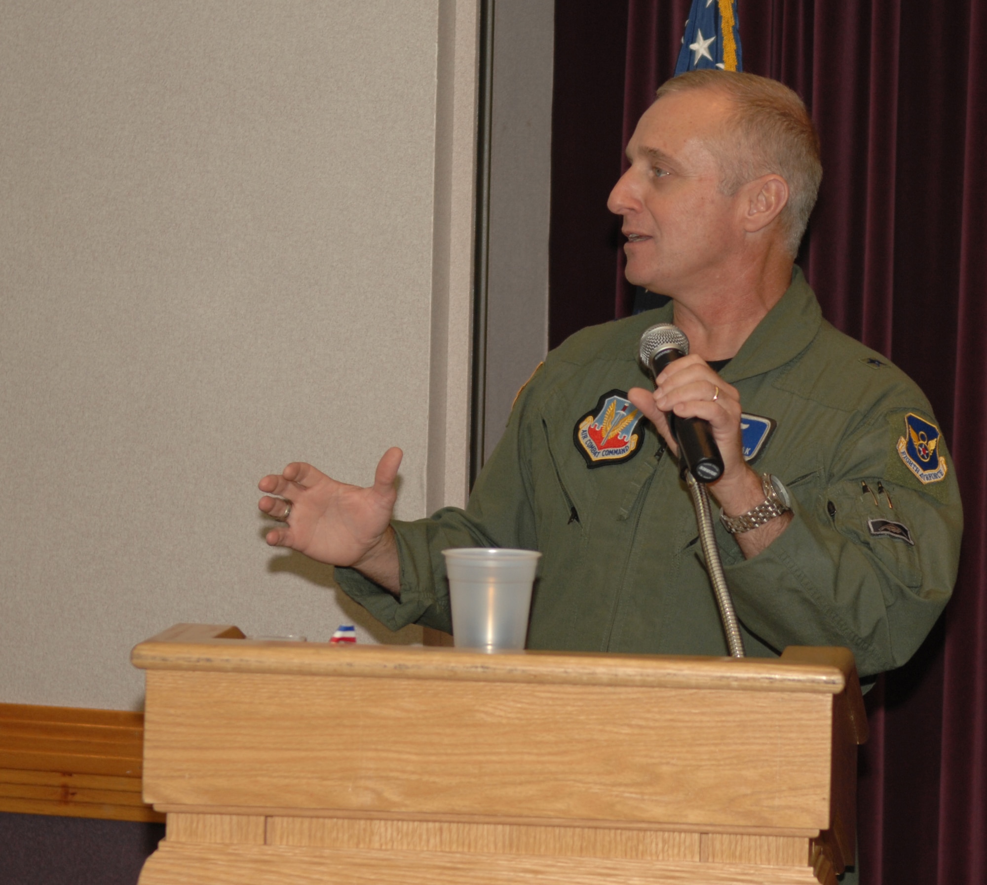 WHITEMAN AIR FORCE BASE, Mo. – Brig. Gen . Garrett Harencak, 509th Bomb Wing commander, speaks to members of Team Whiteman with Whiteman Warriors who recently came back from deployment at the Warrior Welcome Back Oct. 8. The Warrior Welcome Back was put on to welcome back members of Team Whiteman who have recently deployed, and was funded by the Whiteman Base Community Council. (U.S. Air Force photo/Senior Airman Stephen Linch)