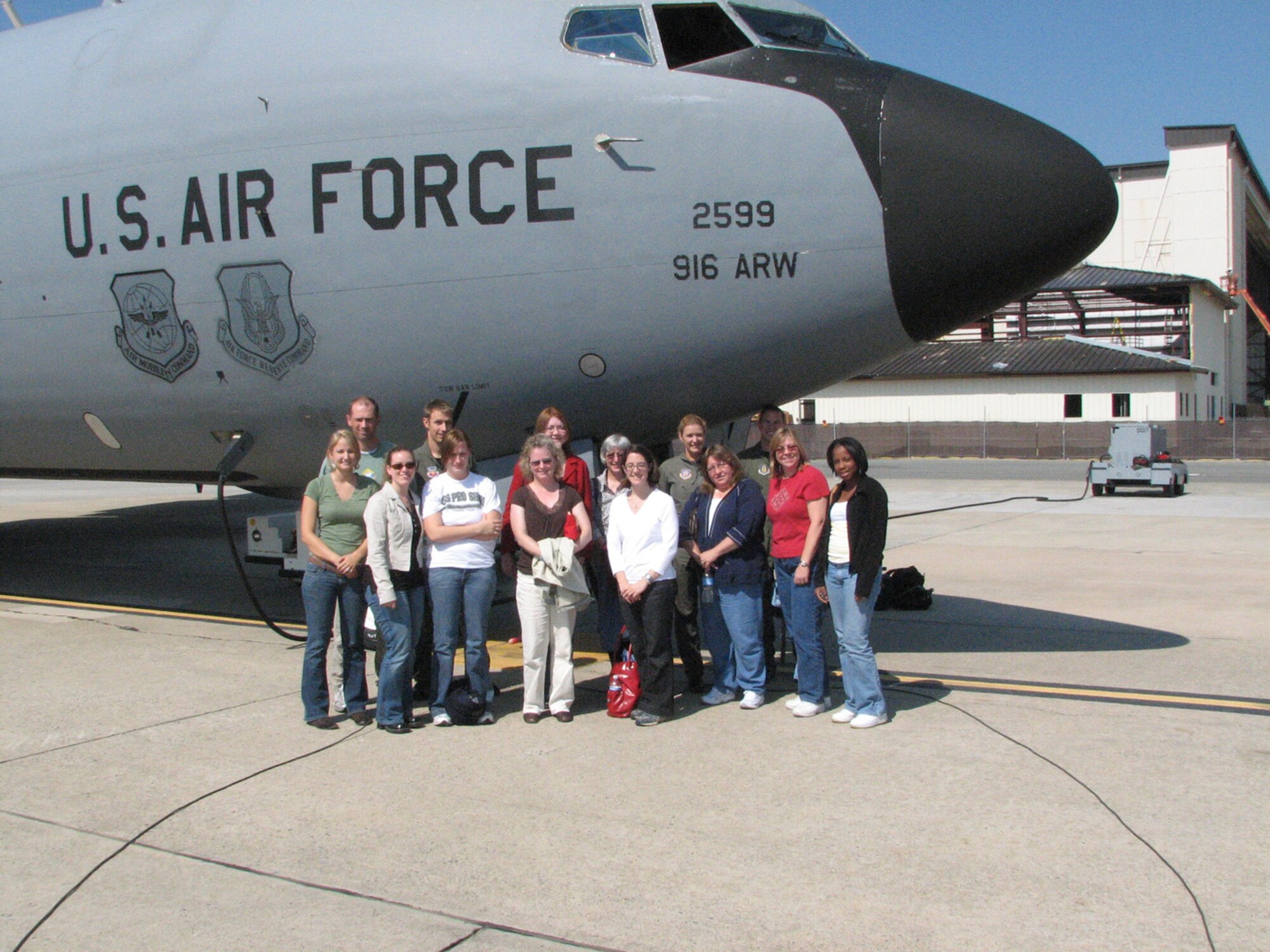 SEYMOUR JOHNSON AIR FORCE BASE, N.C. -- Spouses of reservists take a quick picture before receiving an orientation flight aboard a KC-135R Stratotanker in early October. The 916th Air Refueling Wing hosted the annual spouse flight as part of their family day weekend festivities.