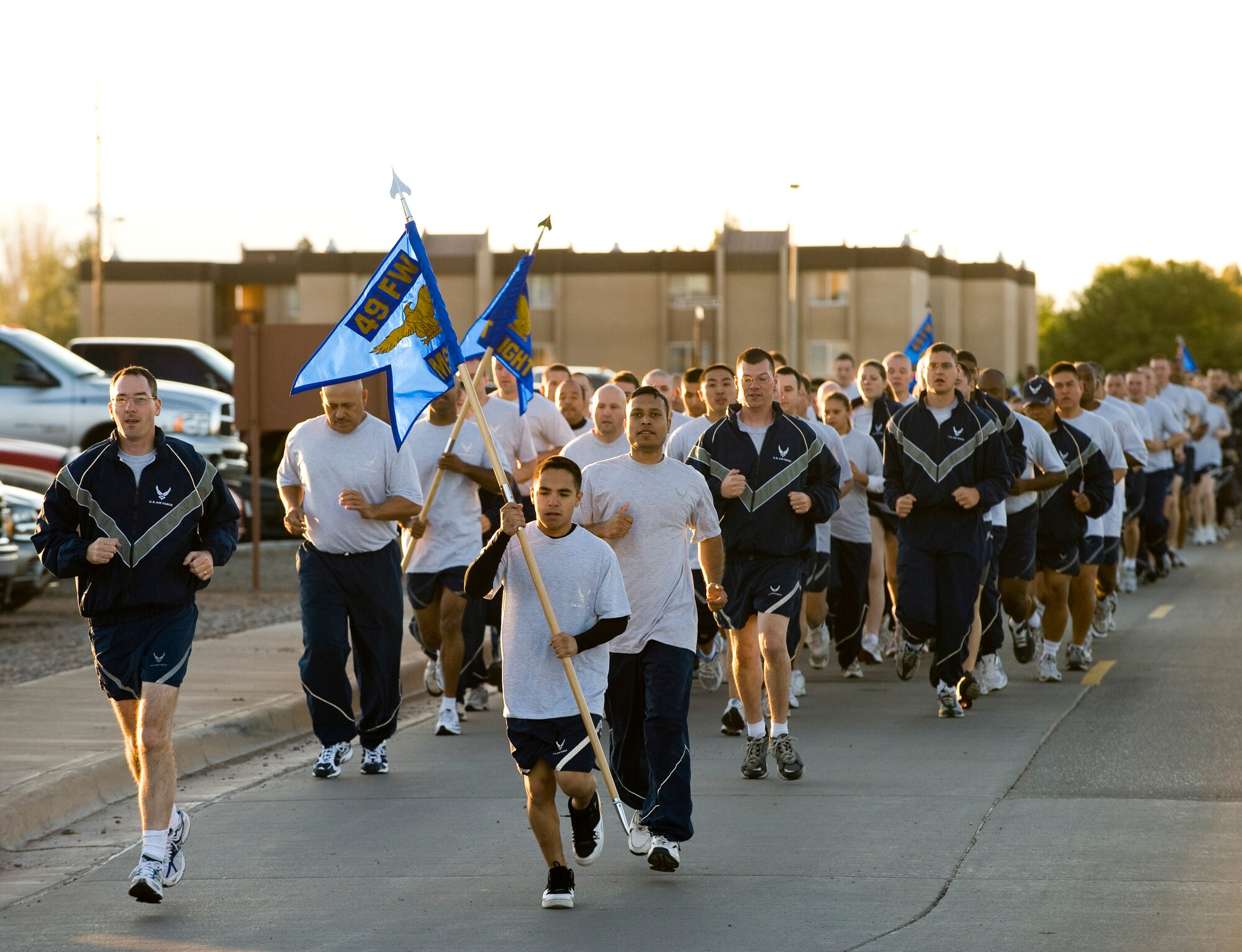 Members of the 49th Mission Support Group run in formation during the 49th Fighter Wing run at Holloman Air Force Base, N.M., October 10. The event kicked off the annual Holloman Sports Day. (U.S Air Force photo/Tech Sgt. Alan Port)