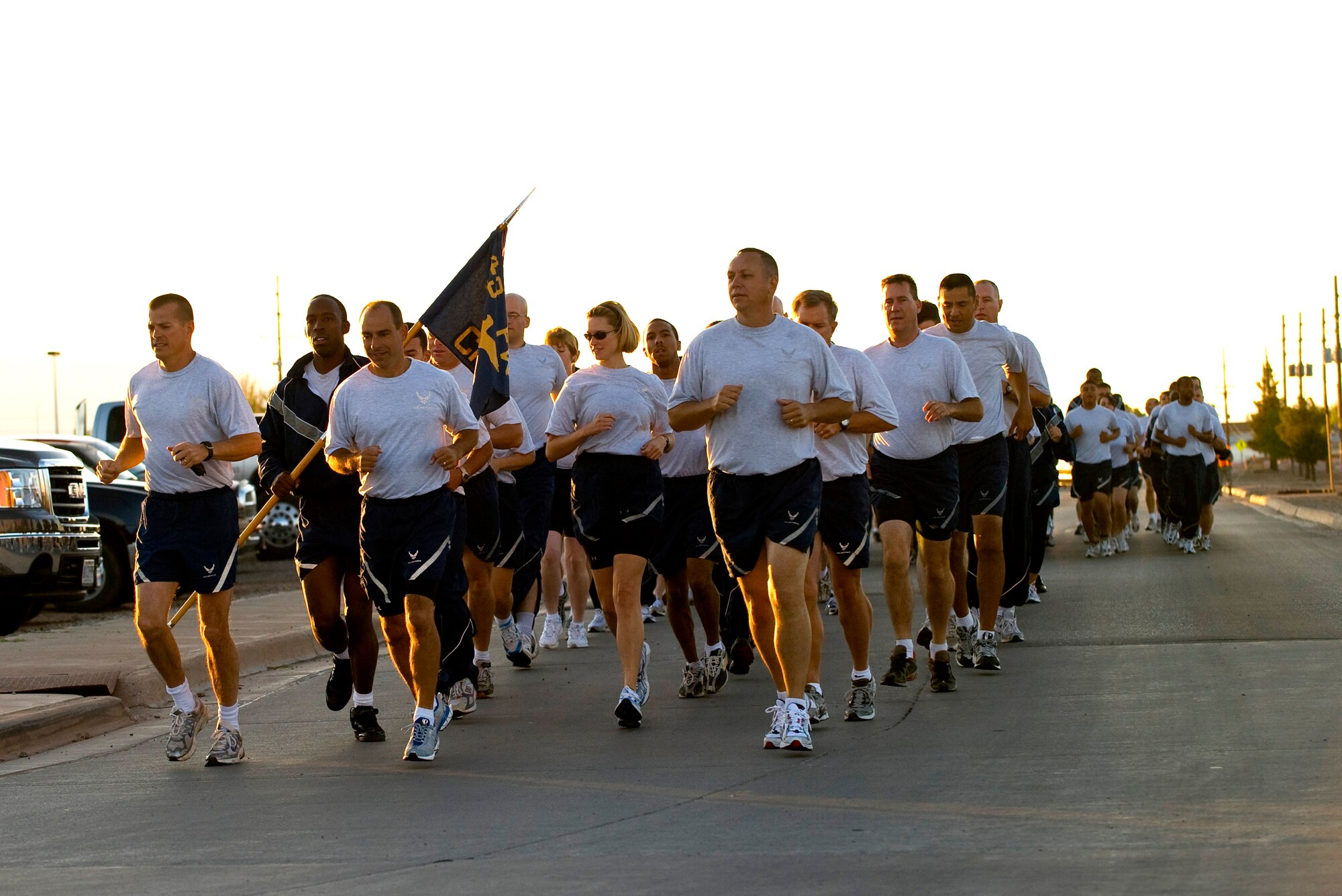 HOLLOMAN AIR FORCE BASE NEW MEXICO -Colonel Jeffrey Harrigian 49th Fighter Wing Commander leads the way, by leading members of the 49th Fighter Wing in a Wing run to kick off the annual Holloman AFB Sports day on 10 Oct 2008.
(U.S Air Force photo by:Tech Sgt. Alan Port) released