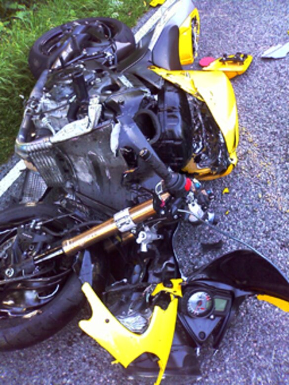 Staff Sgt. Jeffery McNally's motorcycle after his accident Sept. 14. Sergeant McNally cheated death by using his personal protective equipment and smart riding techniques. (Courtesy photo)