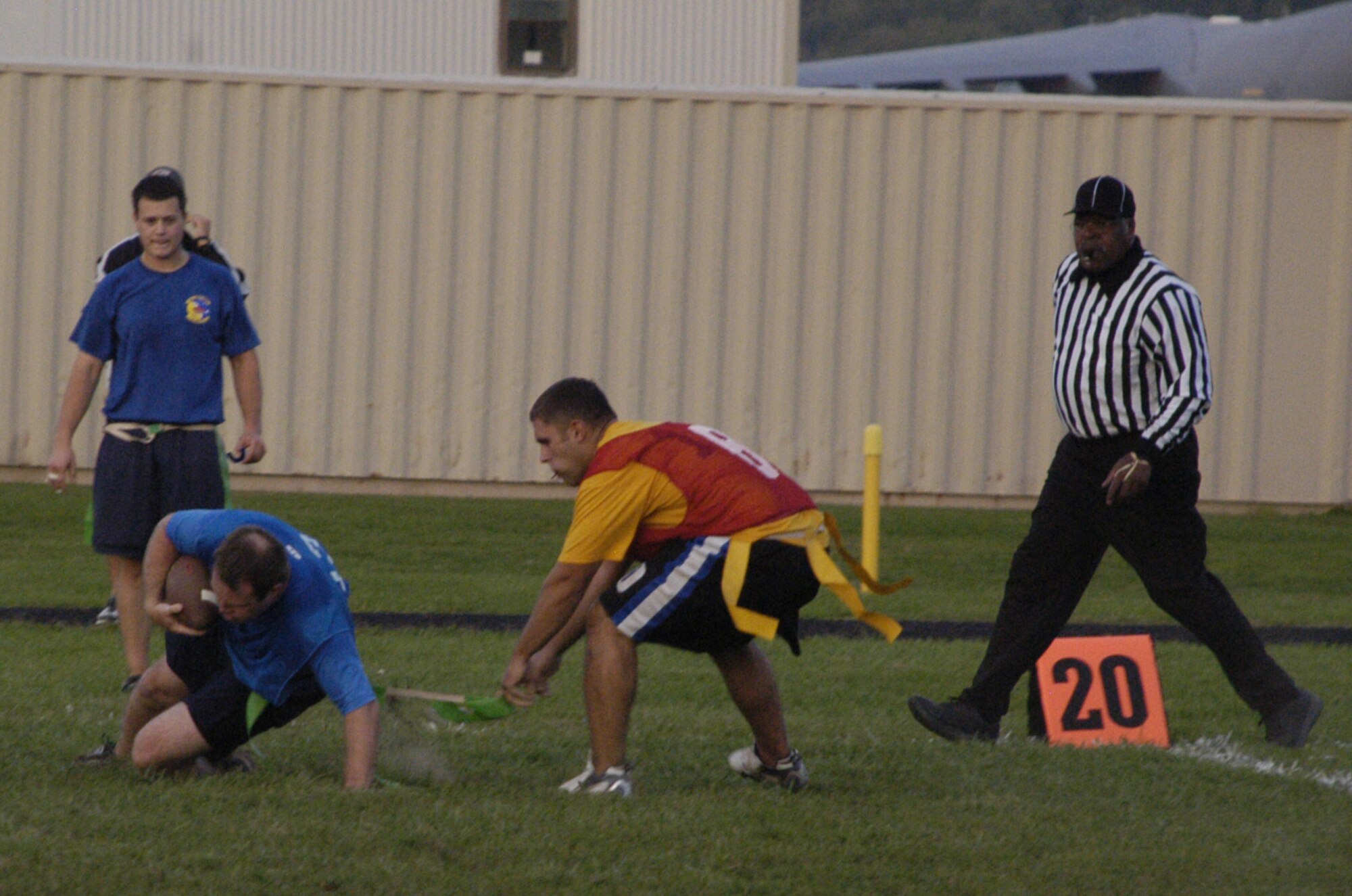 Jonathan Vanden-Eynden, OSS offensive and defensive lineman, tackles Matthew Hunt, 3 AS tight end and linebacker, outside the 20 yard line.                      