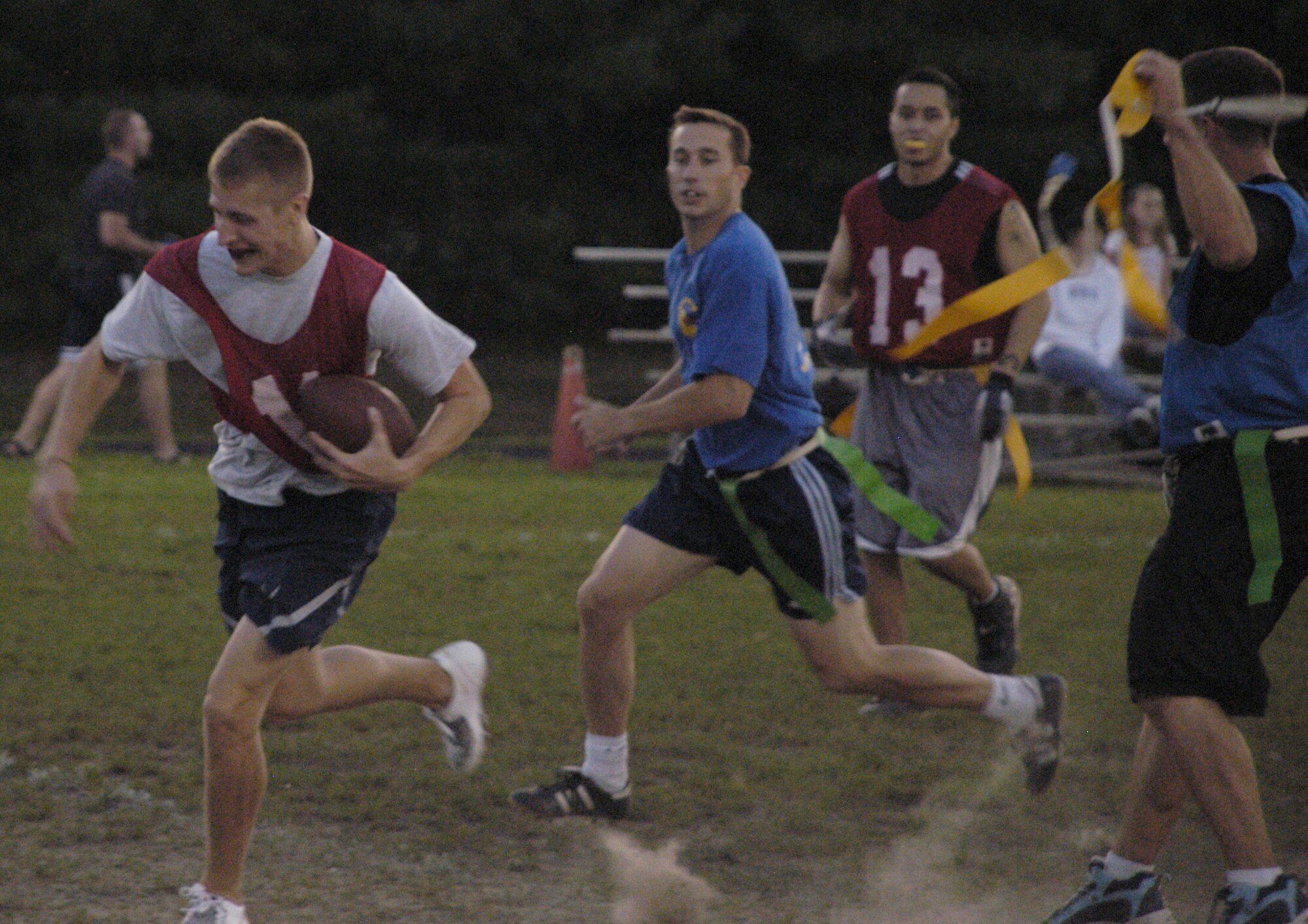 (Left) Luke Hightower, OSS safety, is tackled by a 3 AS definsive player near the end zone Tuesday.                 