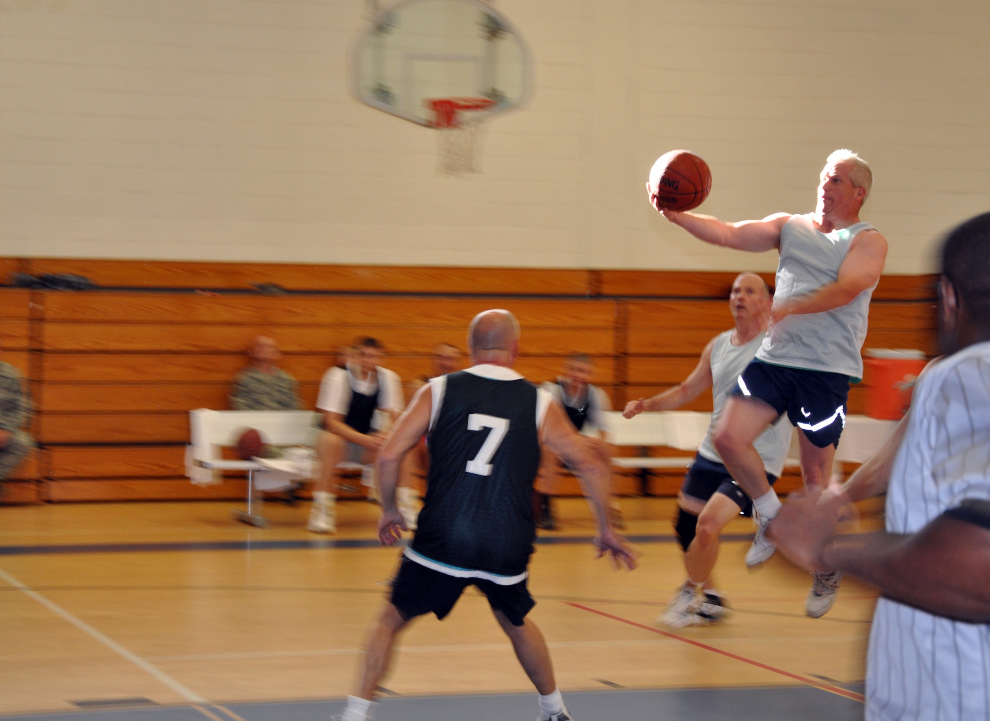 EGLIN AIR FORCE BASE, Fla. -- In a basketball game Oct. 14, the latest of four competitions between the Chiefs and Eagles, the Chiefs managed to come out on top after an overtime scurmish that made for an epic victory 40-37. The Chiefs vs Eagles is a competition between base leadership with the Chiefs consisting of all Chief Master Sergeants, and the Eagles all Colonels. The key players for both teams were Chief Master Sgt. Donald Morris, 33rd Aircraft Maintenance Squadron, with nine points and Col. Steven DePalmer, 53rd Wing Commander, with 17 points. (US Air Force photo/ Airman 1st Class Anthony Jennings)