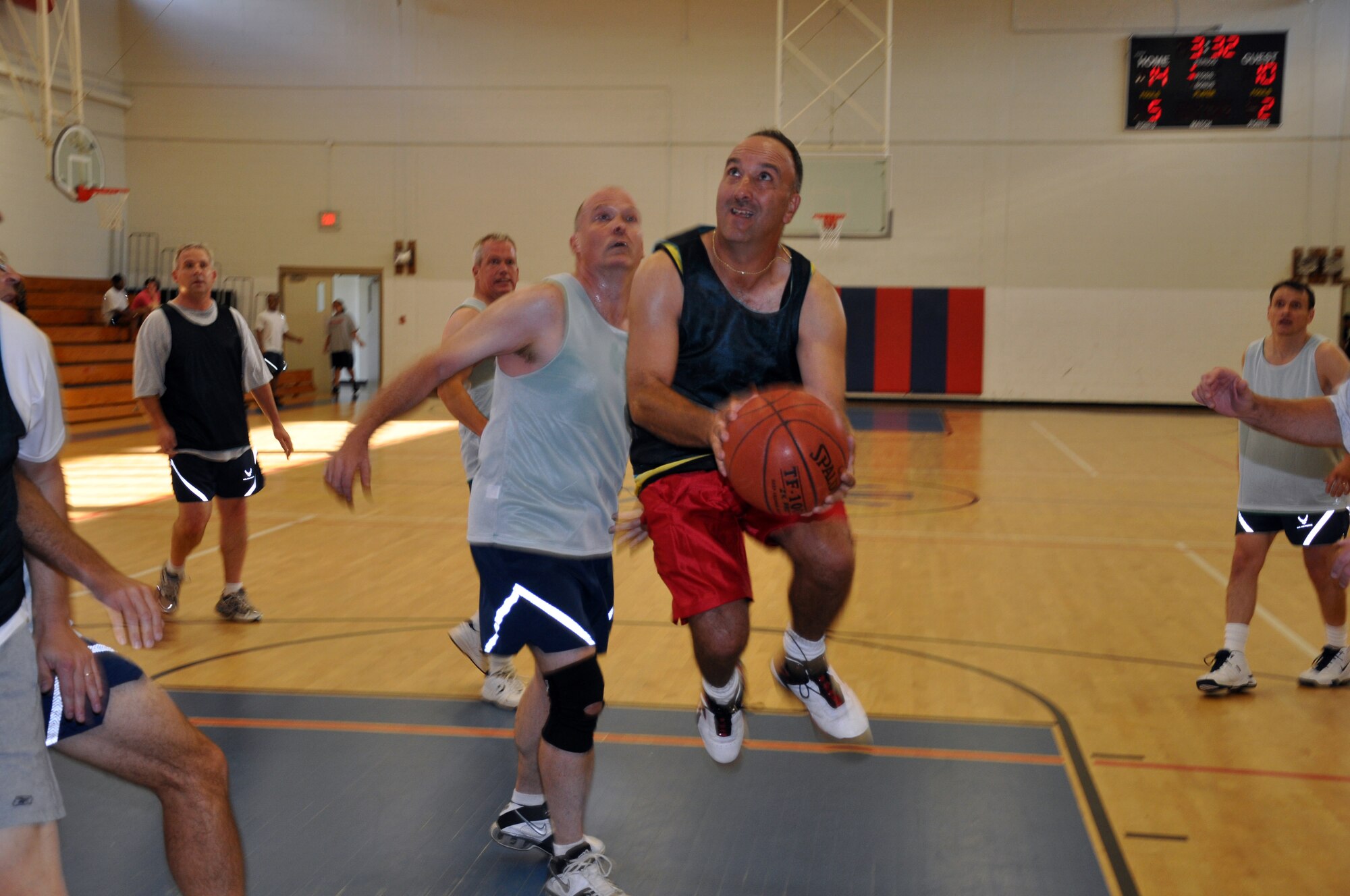 EGLIN AIR FORCE BASE, Fla. -- In a basketball game Oct. 14, the latest of four competitions between the Chiefs and Eagles, the Chiefs managed to come out on top after an overtime scurmish that made for an epic victory 40-37. The Chiefs vs Eagles is a competition between base leadership with the Chiefs consisting of all Chief Master Sergeants, and the Eagles all Colonels. The key players for both teams were Chief Master Sgt. Donald Morris, 33rd Aircraft Maintenance Squadron, with nine points and Col. Steven DePalmer, 53rd Wing Commander, with 17 points. (US Air Force photo/ Airman 1st Class Anthony Jennings)
