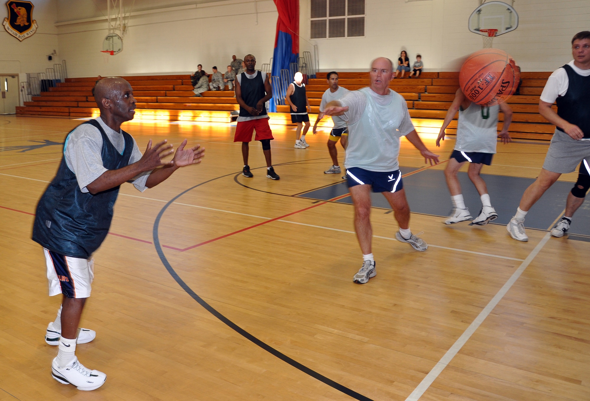 EGLIN AIR FORCE BASE, Fla. -- In a basketball game Oct. 14, the latest of four competitions between the Chiefs and Eagles, the Chiefs managed to come out on top after an overtime scurmish that made for an epic victory 40-37. The Chiefs vs Eagles is a competition between base leadership with the Chiefs consisting of all Chief Master Sergeants, and the Eagles all Colonels. The key players for both teams were Chief Master Sgt. Donald Morris, 33rd Aircraft Maintenance Squadron, with nine points and Col. Steven DePalmer, 53rd Wing Commander, with 17 points. (US Air Force photo/ Airman 1st Class Anthony Jennings)