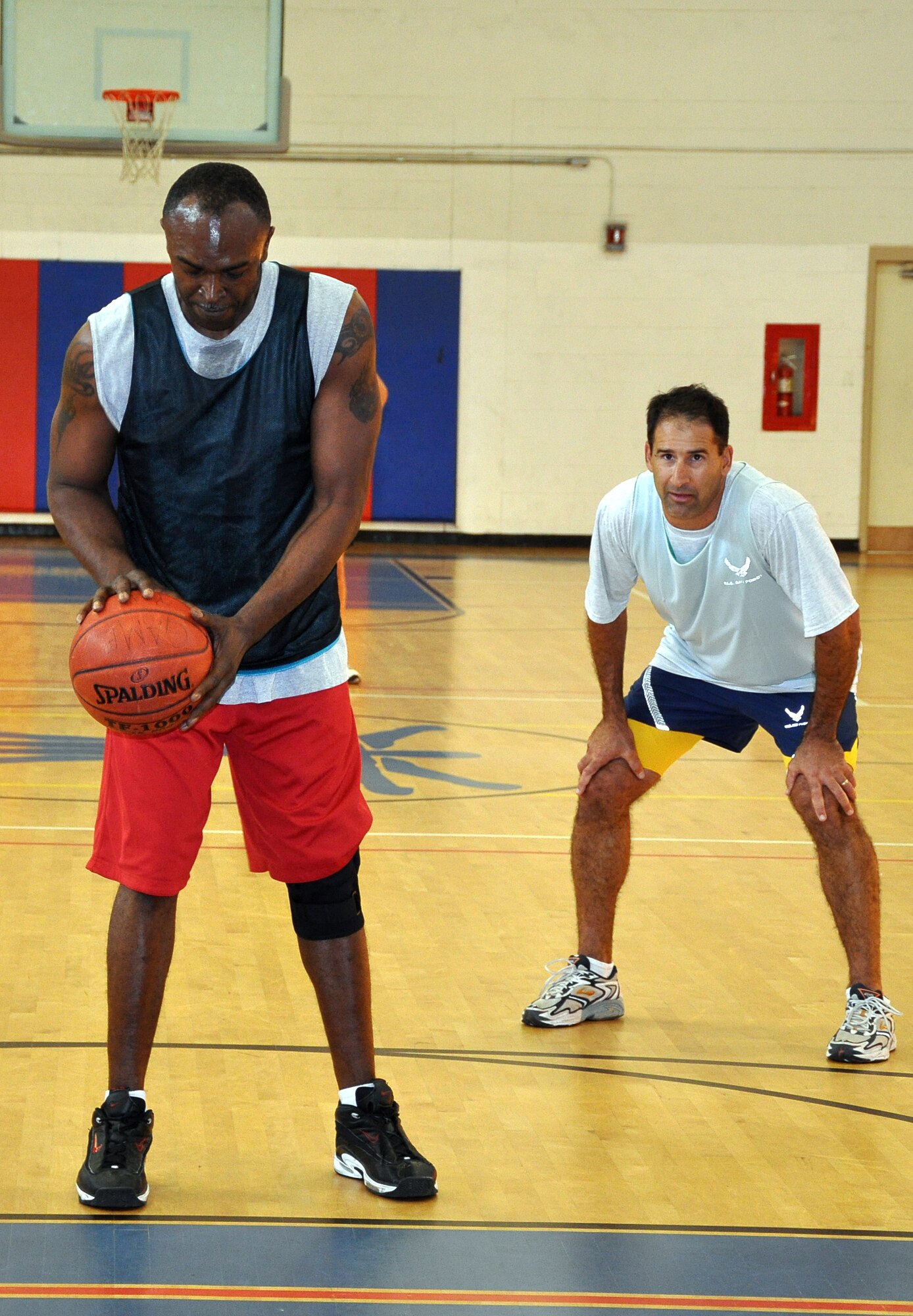 EGLIN AIR FORCE BASE, Fla. -- In a basketball game Oct. 14, the latest of four competitions between the Chiefs and Eagles, the Chiefs managed to come out on top after an overtime scurmish that made for an epic victory 40-37. The Chiefs vs Eagles is a competition between base leadership with the Chiefs consisting of all Chief Master Sergeants, and the Eagles all Colonels. The key players for both teams were Chief Master Sgt. Donald Morris, 33rd Aircraft Maintenance Squadron, with nine points and Col. Steven DePalmer, 53rd Wing Commander, with 17 points. (US Air Force photo/ Airman 1st Class Anthony Jennings)