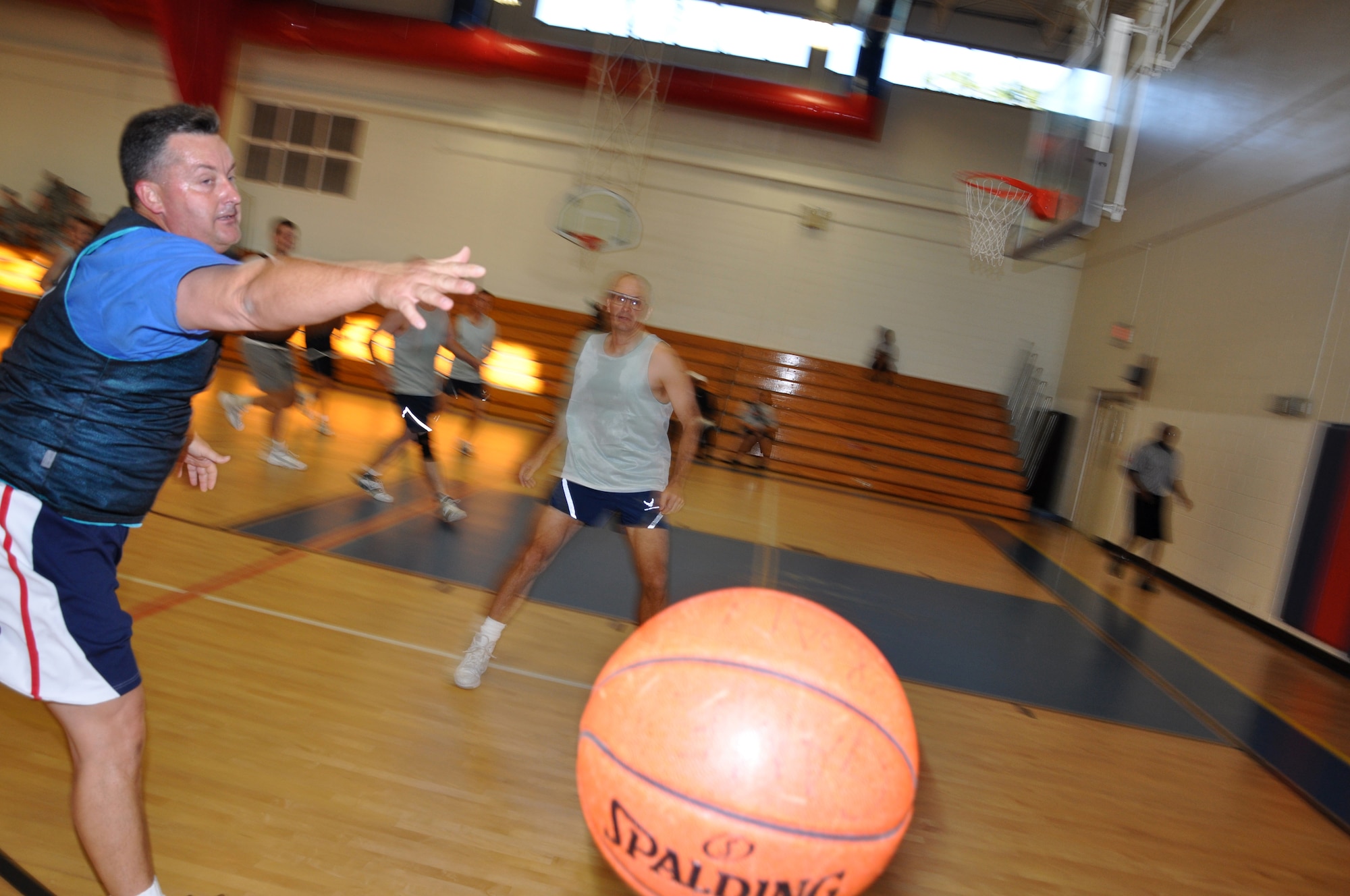 EGLIN AIR FORCE BASE, Fla. -- In a basketball game Oct. 14, the latest of four competitions between the Chiefs and Eagles, the Chiefs managed to come out on top after an overtime scurmish that made for an epic victory 40-37. The Chiefs vs Eagles is a competition between base leadership with the Chiefs consisting of all Chief Master Sergeants, and the Eagles all Colonels. The key players for both teams were Chief Master Sgt. Donald Morris, 33rd Aircraft Maintenance Squadron, with nine points and Col. Steven DePalmer, 53rd Wing Commander, with 17 points. (US Air Force photo/ Airman 1st Class Anthony Jennings)