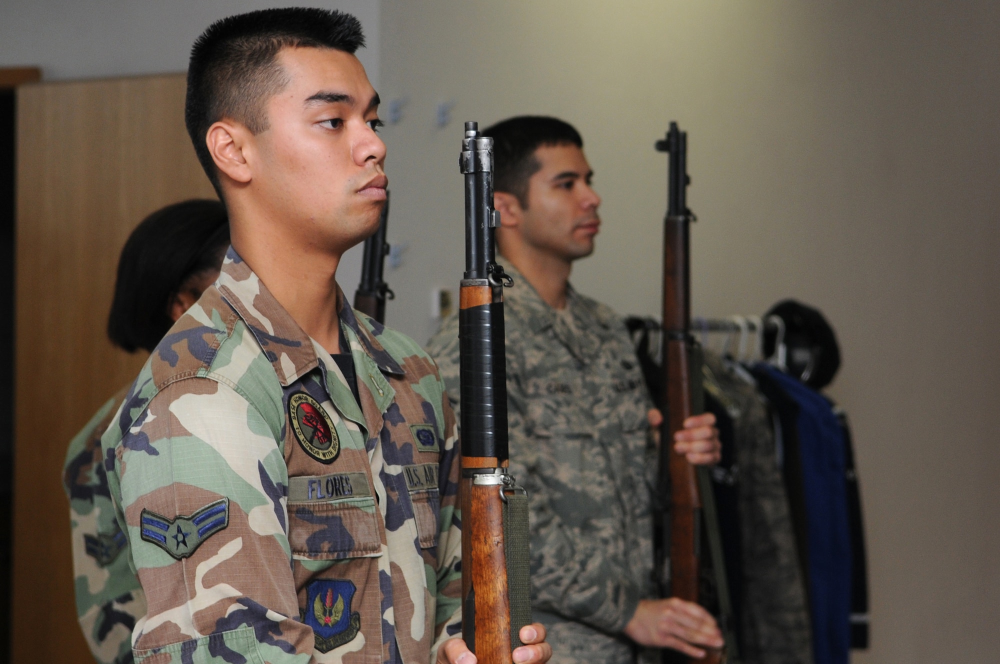 Air Force members practice drills during one of their Honor Guard practice, Ramstein Air Base, Germany, Oct. 15, 2008.The Ramstein Honor Guard practice weekly to ensure they all look sharp during any type of ceremony. (U.S. Air Force photo by Airman 1st Class Grovert Fuentes-Contreras)