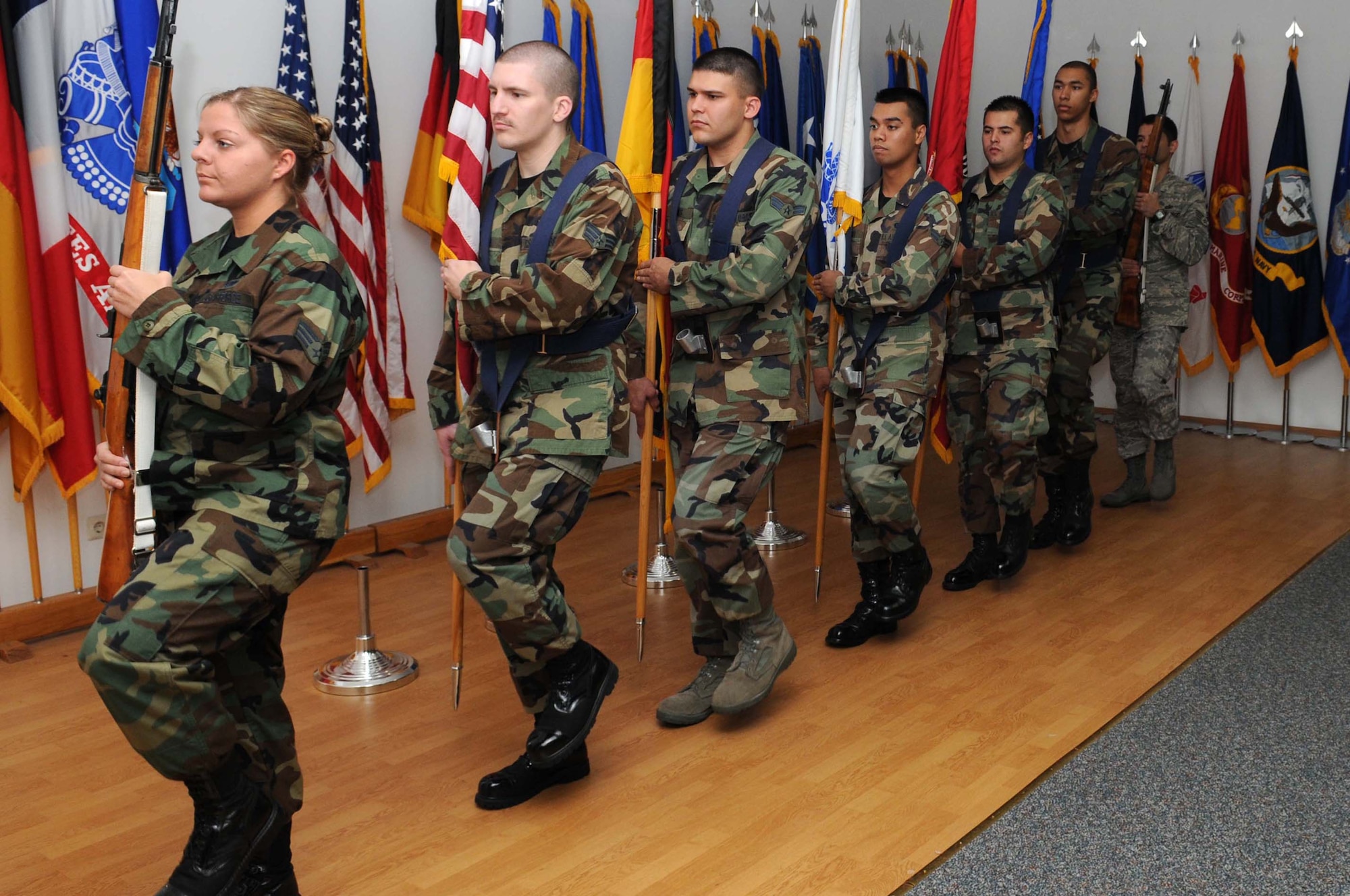 Air Force members march in step during one of their Honor Guard practice, Ramstein Air Base, Germany, Oct. 15, 2008.The Ramstein Honor Guard practice weekly to ensure they all look sharp during any type of ceremony. (U.S. photo Ai Force by Airman 1st Class Grovert Fuentes-Contreras)