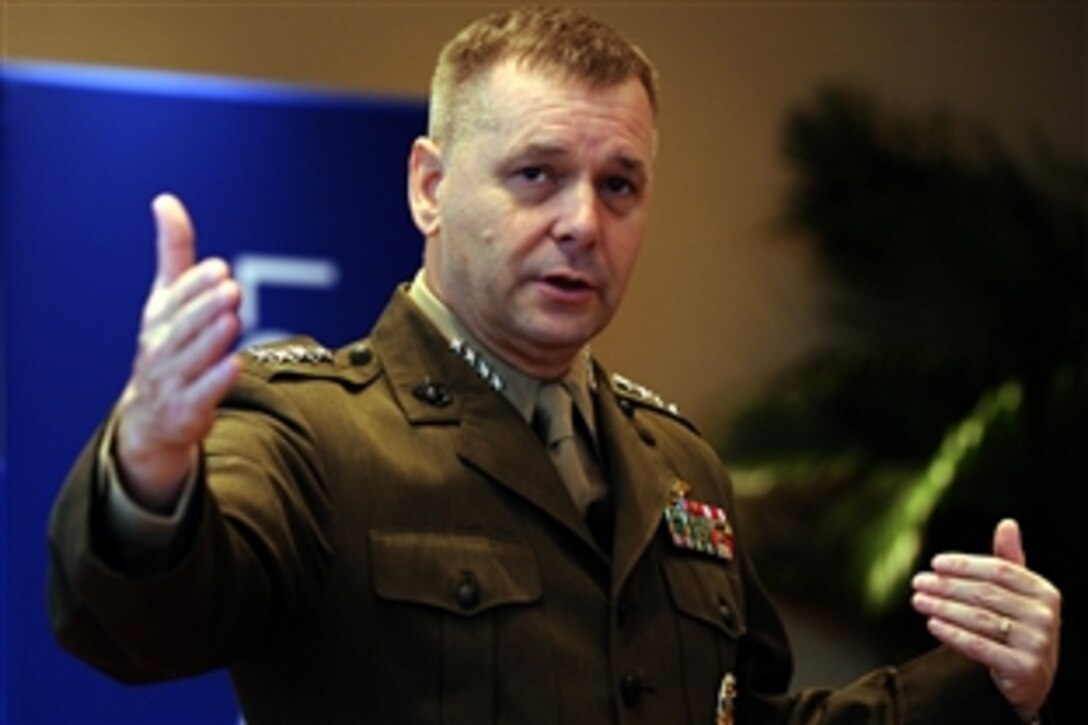 Vice Chairman of the Joint Chiefs of Staff U.S. Marine Gen. James E. Cartwright speaks during the Johns Hopkins University Legends and Leaders forum in Baltimore, Oct. 16, 2008. Cartwright spoke to a group of about 100 business professionals, teachers and students from the university.