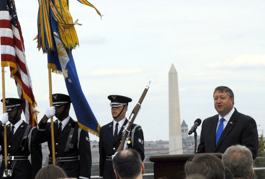 Michael Donley provides a few remarks following his swearing in as the 22nd secretary of the Air Force during a ceremony Oct. 17 at the Air Force Memorial in Arlington, Va. (U.S. Air Force photo/Staff Sgt. J.G. Buzanowski) 