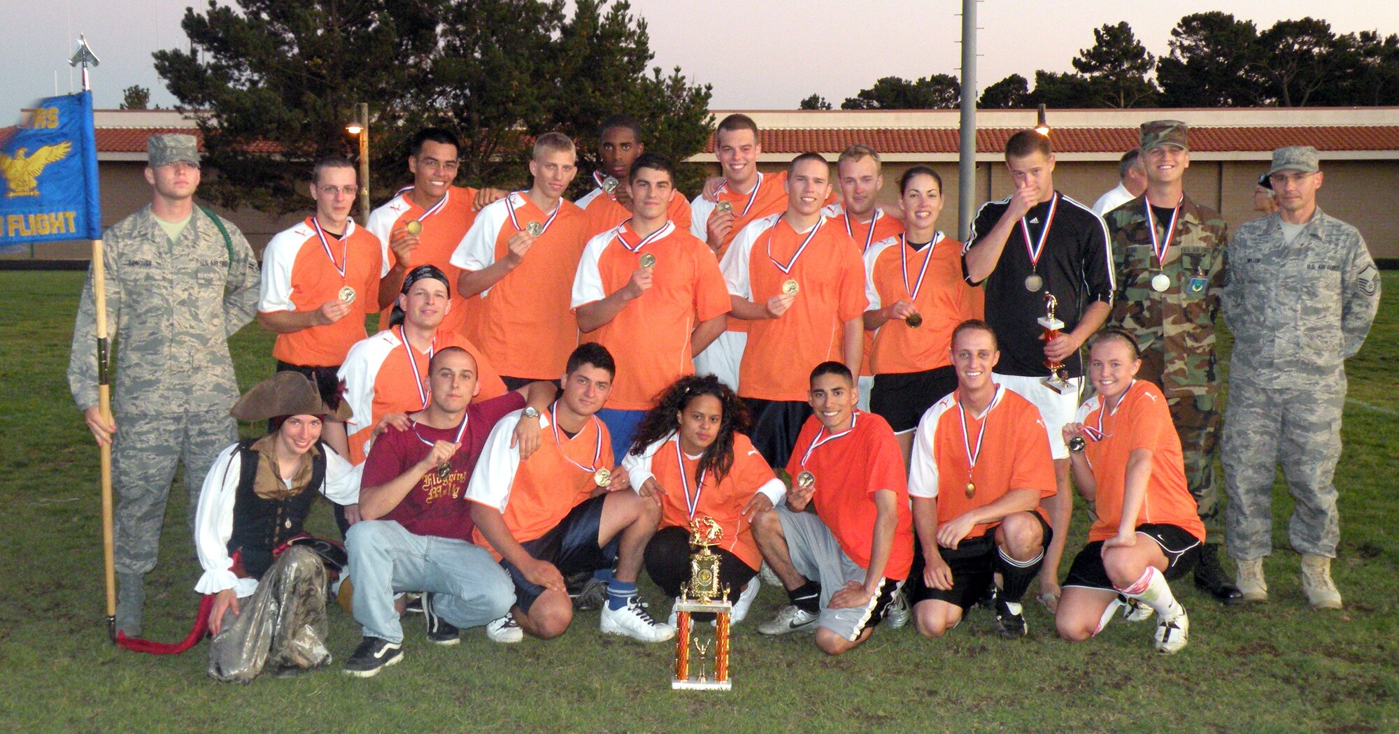 PRESIDIO OF MONTEREY, Calif. -- 311th Training Squadron DOD flight Pirates pose with their winnings after triumphing in the Defense Language Institute Soccer Championships. (U.S. Air Force photo by Airman 1st Class Connor Weiss)