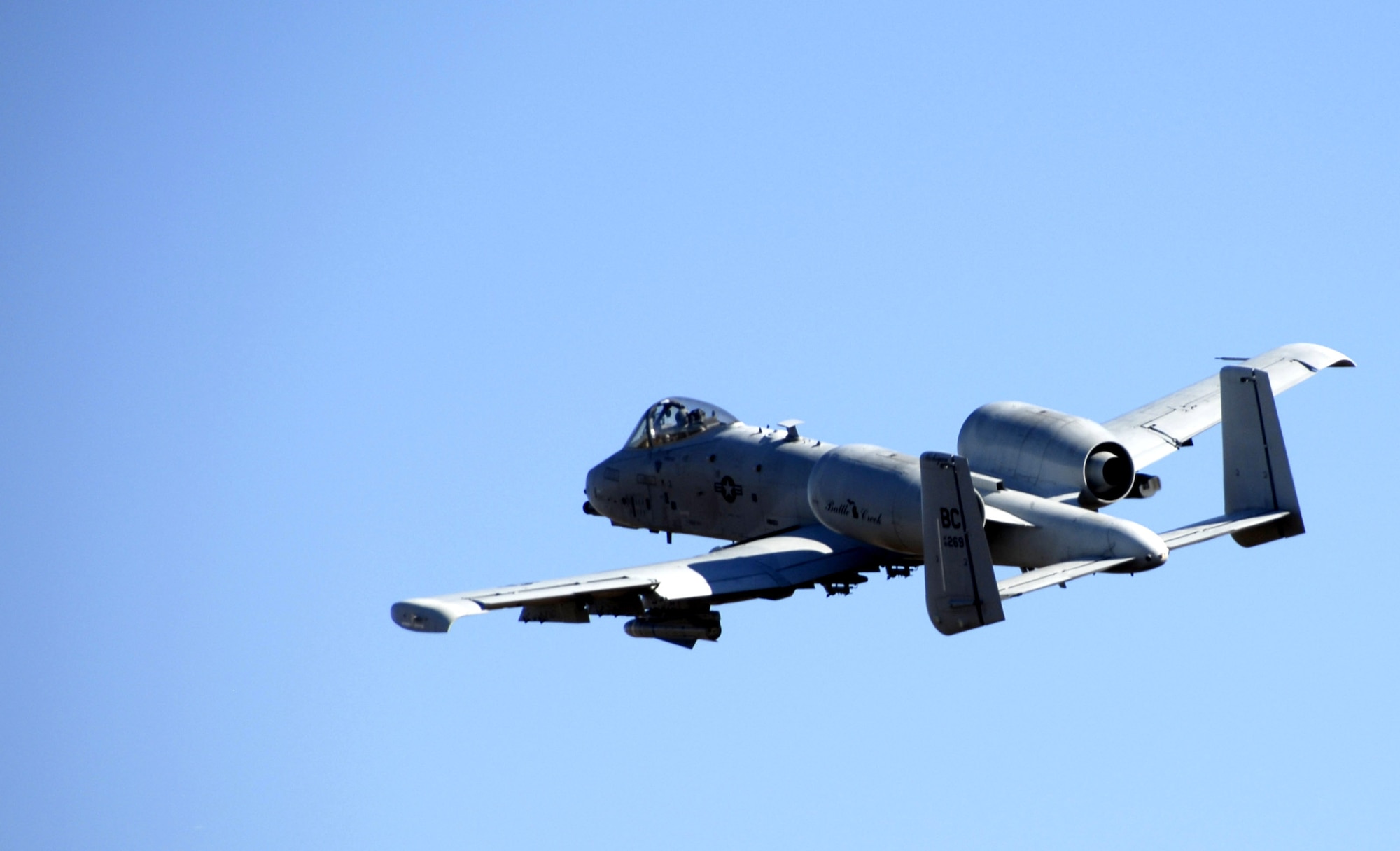An A-10 Thunderbolt II from the Michigan Air National Guard's 110th Fighter Wing based in Battle Creek, turns to engage a target Oct. 16 at the Smoky Hill Range near Salina, Kan.  Fourteen A-10 squadrons from across the Air Force are competing in Hawgsmoke 2008 Oct. 14 to 18.  Hawgsmoke is a biennial A-10 bombing and aerial gunnery competition, which was hosted this year by the Air Force Reserve Command's 442nd Fighter Wing based at Whiteman Air Force Base, Mo.  (U.S. Air Force photo/Staff Sgt. Kent Kagarise)