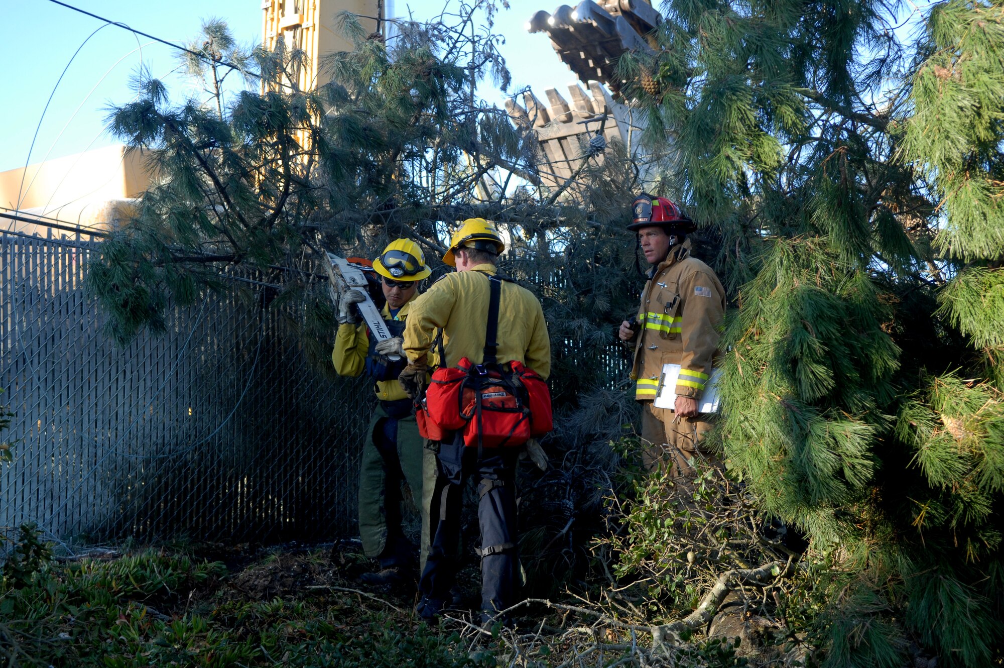 VANDENBERG AIR FORCE BASE, Calif.-- Vandenberg firefighters clean up debris after a tree fell on a power line in base housing. (U.S. Air Force Photo/Airman 1st Class Antoinette Lyons) 