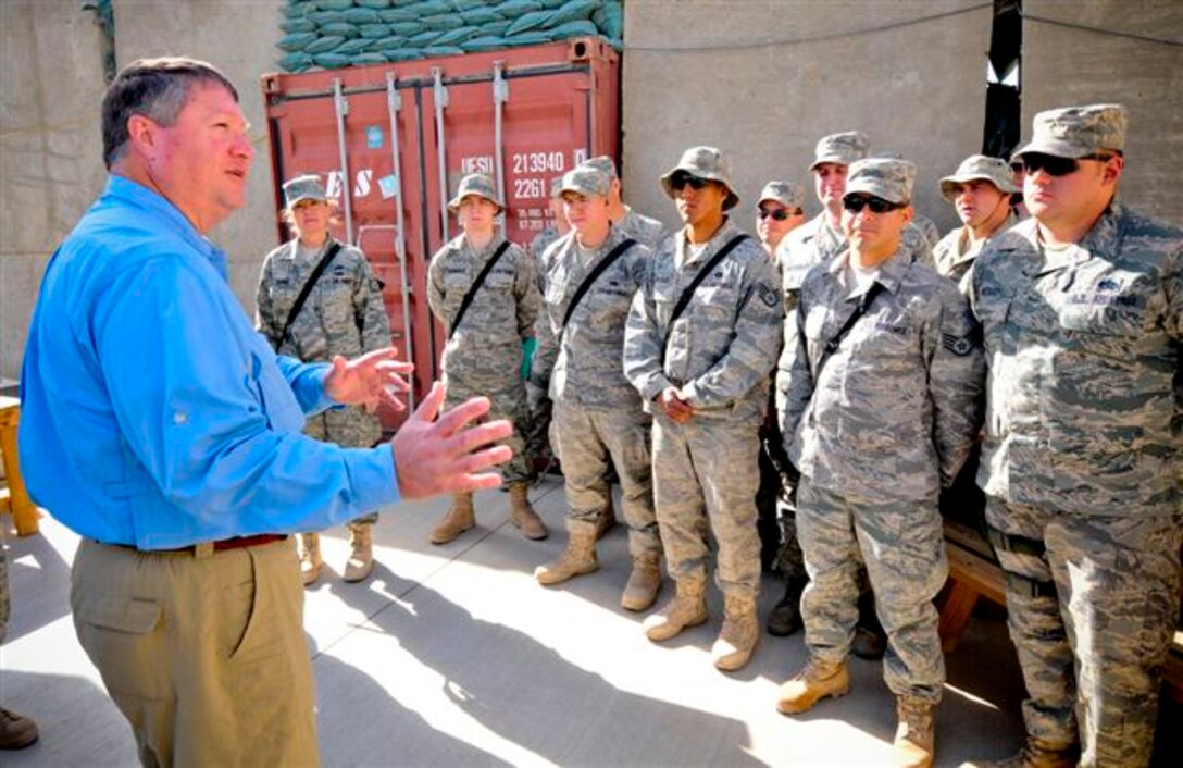 Secretary of the Air Force Michael B. Donley visits with Airmen from the newly-created 455th Expeditionary Communications Squadron Oct. 15 at Bagram Airfield, Afghanistan.  He took the opportunity to learn about the functions of the squadron and its role in the war on terrorism. (U.S. Air Force photo/Staff Sgt. Samuel Morse) 