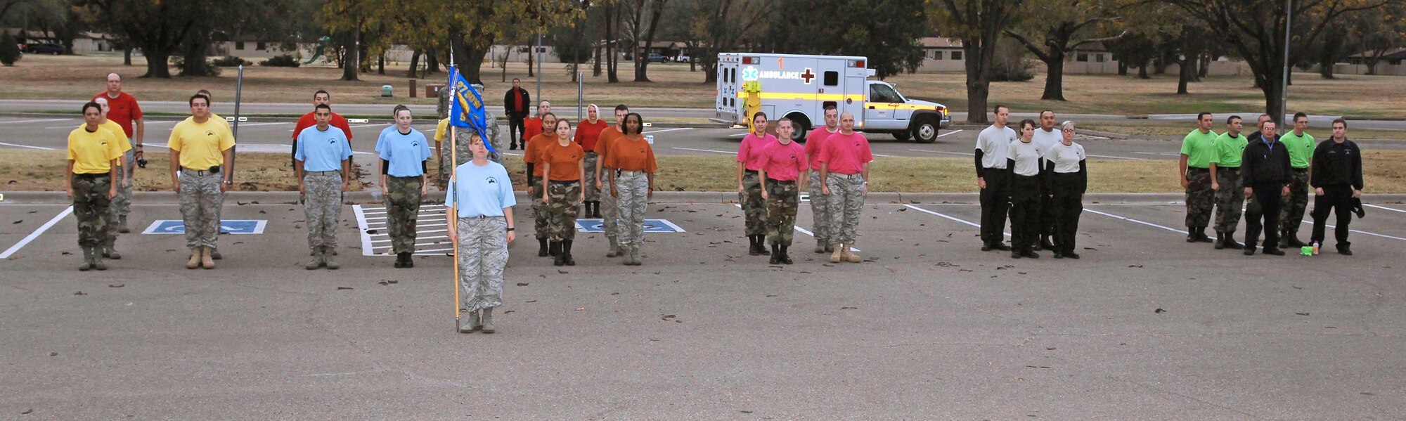 CANNON AIR FORCE BASE, N.M.- (left to right) Representing their bases at Cannon's Emergency Medical Technician Rodeo Oct. 11 are Holloman AFB, N.M., Cannon's Family Practice, Cannon's Flight Medicine, Lackland AFB, Texas, Kirtland AFB, N.M., and Cannon's Fire Department. The second annual rodeo was a friendly competition that involved EMTs from across the Air Force. (U.S. Air Force photo/Airman 1st Class Danielle Martin)