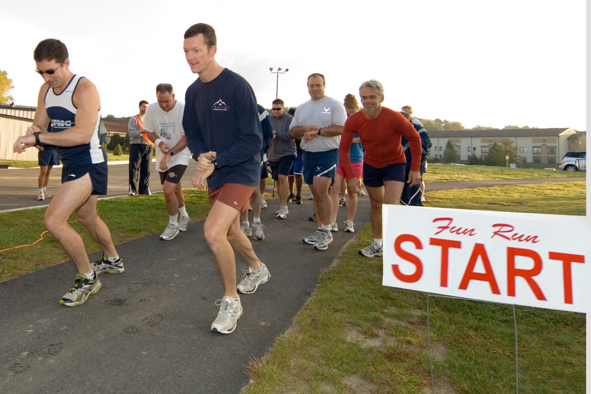 HANSCOM AFB, Mass. – Runners take their mark outside the Fitness and Sports Center for the start of the 10K Autumn Classic race on Oct. 15. For more information on upcoming fitness events or classes go to www.hanscomservices.com (U.S. Air Force photo by Rick Berry)
