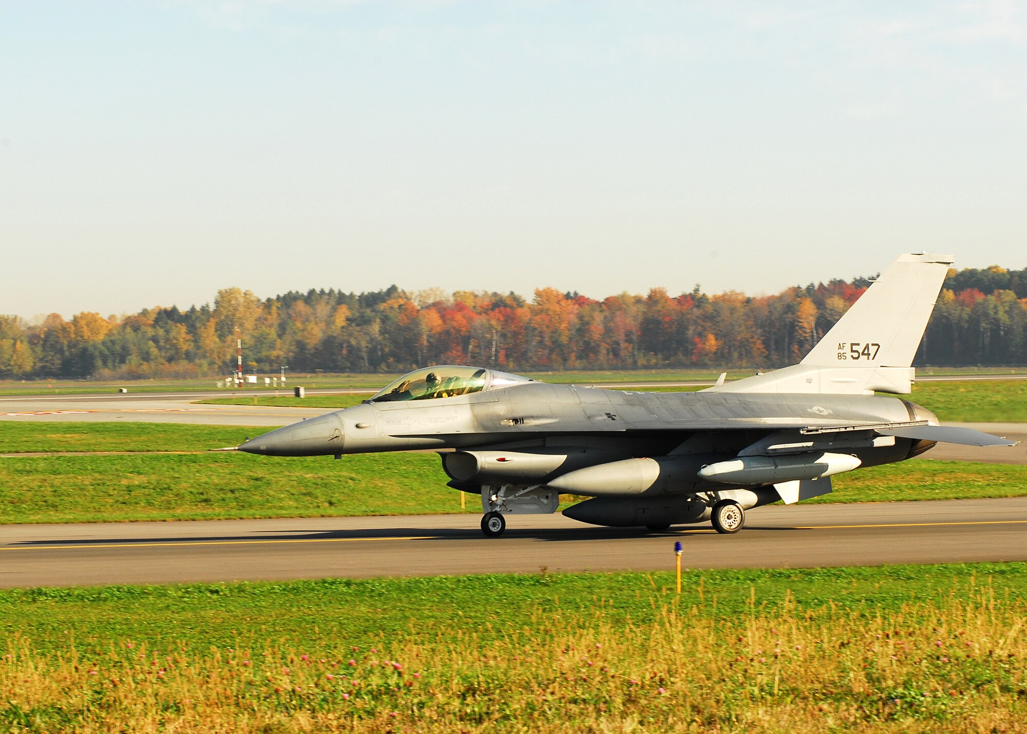 The first F-16 fighter jets taxi out to the runway for takeoff from Hancock Field Air National Guard Base, Syracuse, NY.  Two F-16 fighter jets left Hancock Field, and will find a new home at Edwards Air Force Base, California.  This signifies the 174th Fighter Wing's transition to the MQ-9 Reaper mission. 
 
(Photo taken by TSgt Jeremy Call, 174th Fighter Wing)