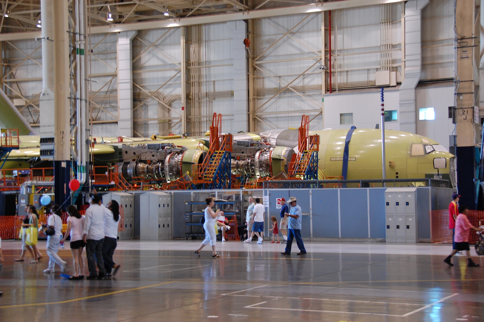 The engines and flaps are installed on P-177 as vistors tour the Boeing Long Beach plant during an open house June 22, 2008.  Assembly of P-177 began Nov. 19, 2007 and continued through Sept. 11, 2008, when it was officialy accepted by Brig. Gen. Barbara Faulkenberry, deputy director of Strategic Plans, Requirements, and Programs at Headquarters Air Mobility Command.  The aircraft was the 177th C-17 Globemaster III delivered to the U.S. Air Force. (Courtesy photo)