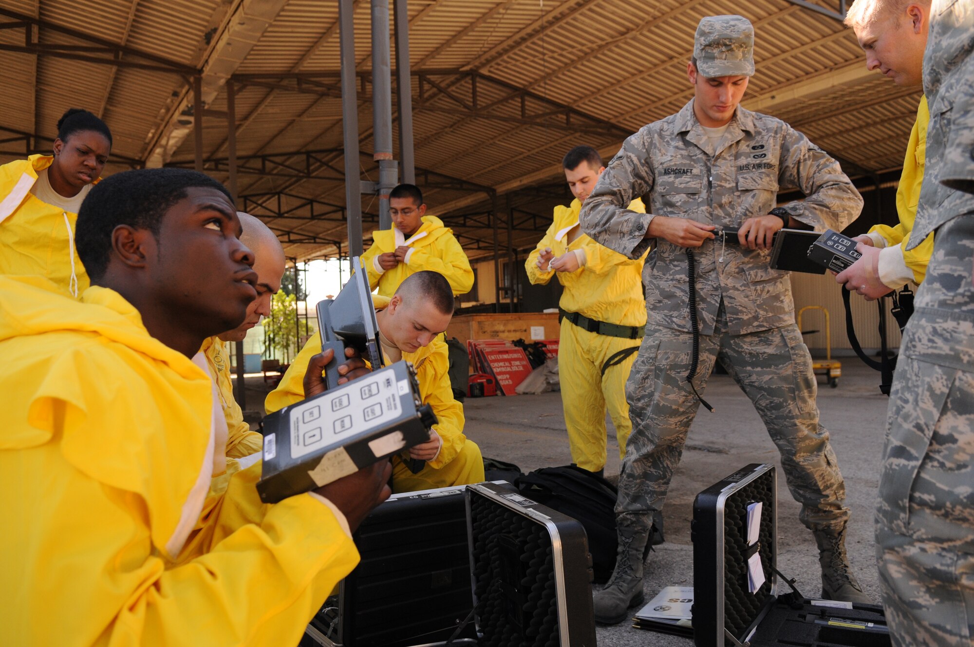 Airman 1st Class David Hendricks, 39th Logistics Readiness Squadron, is instructed on parts of the ADM 300 by Airman Brandon Ashcraft, 39th Civil Engineer Squadron, Readiness and Emergency Management Flight, and other REM flight members, during Readiness Support Team training.