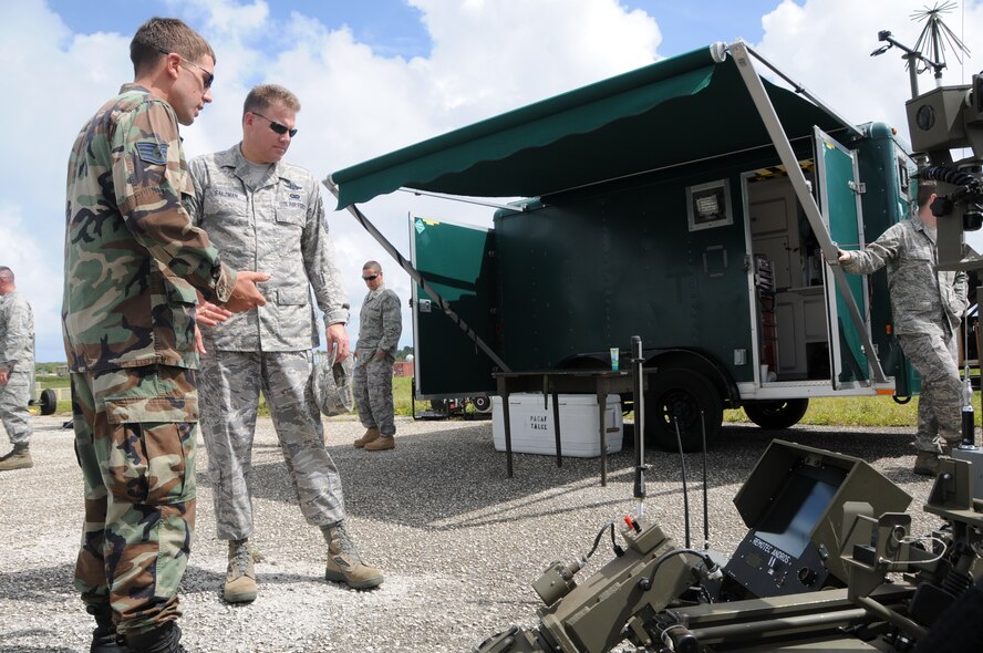 ANDERSEN AIR FORCE BASE, Guam - Thirteenth Air Force Command Chief Master Sgt. Todd Salzman listens as Staff Sgt. Jonathon Young at the field training exercise site here Oct. 16 as he explains the technology the 36th Mobility Response Squadron uses in garrison and while deployed. The 36th MRS briefed Chief Salzman on how their capabilities support the mission by training, organizing, equipping and leading cross-functional forces. (U.S. Air Force photo by Airman 1st Class Courtney Witt)