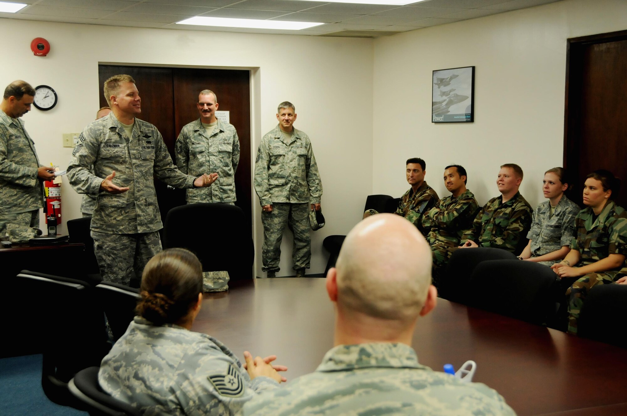 ANDERSEN AIR FORCE BASE, Guam - Chief Master Sgt. Todd Salzman, 13th Air Force Command Chief, holds an open floor discussion with members of the 36th Wing Operations Group here Oct. 17. Members of the 36th OG spoke on mission related topics and concerns within the group. (U.S. Air Force photo by Airman 1st Class Courtney Witt)