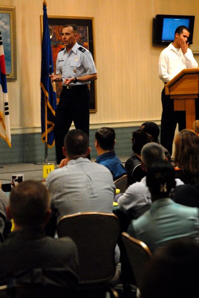 Col. Bryan Bearden, 8th Fighter Wing commander speaks to the croud at the Hispanic Heritage Dinner, Kunsan Air Base, Oct. 10. (U.S. Air Force photo/Staff Sgt. Jason Colbert)