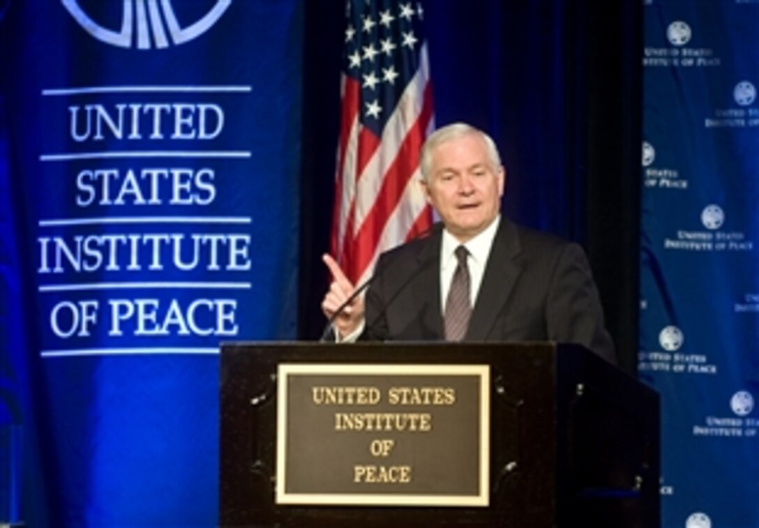 Defense Secretary Robert M. Gates addresses the audience during the inaugural Dean Acheson lecture, hosted by the U.S. Institute of Peace, in Washington, D.C., Oct. 15, 2008. The U.S. Institute of Peace, established by Congress in 1984, is an independent nonpartisan institution whose goal is to help prevent and resolve violent international conflicts, promote post-conflict stability and development, and increase conflict management capacity, tools, and intellectual capital worldwide. 