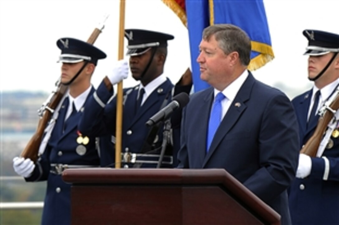 New Secretary of the Air Force Michael B. Donley gives his remarks at the Air Force Memorial in Arlington, Va. after being sworn in by Defense Secretary Robert M. Gates, Oct. 17, 2008.  