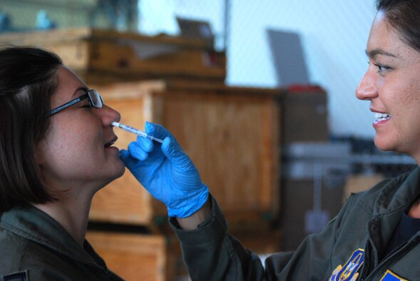 The 433rd Airlift Wing's immunization clinic began administering Influenza vaccines during the October Unit Training Assemblies. The vaccination comes in an injection and a mist form. Alamo Wing Reservists are scheduled to recieve the immunization during the November training weekend. (U.S. Air Force Photo/Master Sgt. Collen McGee)
