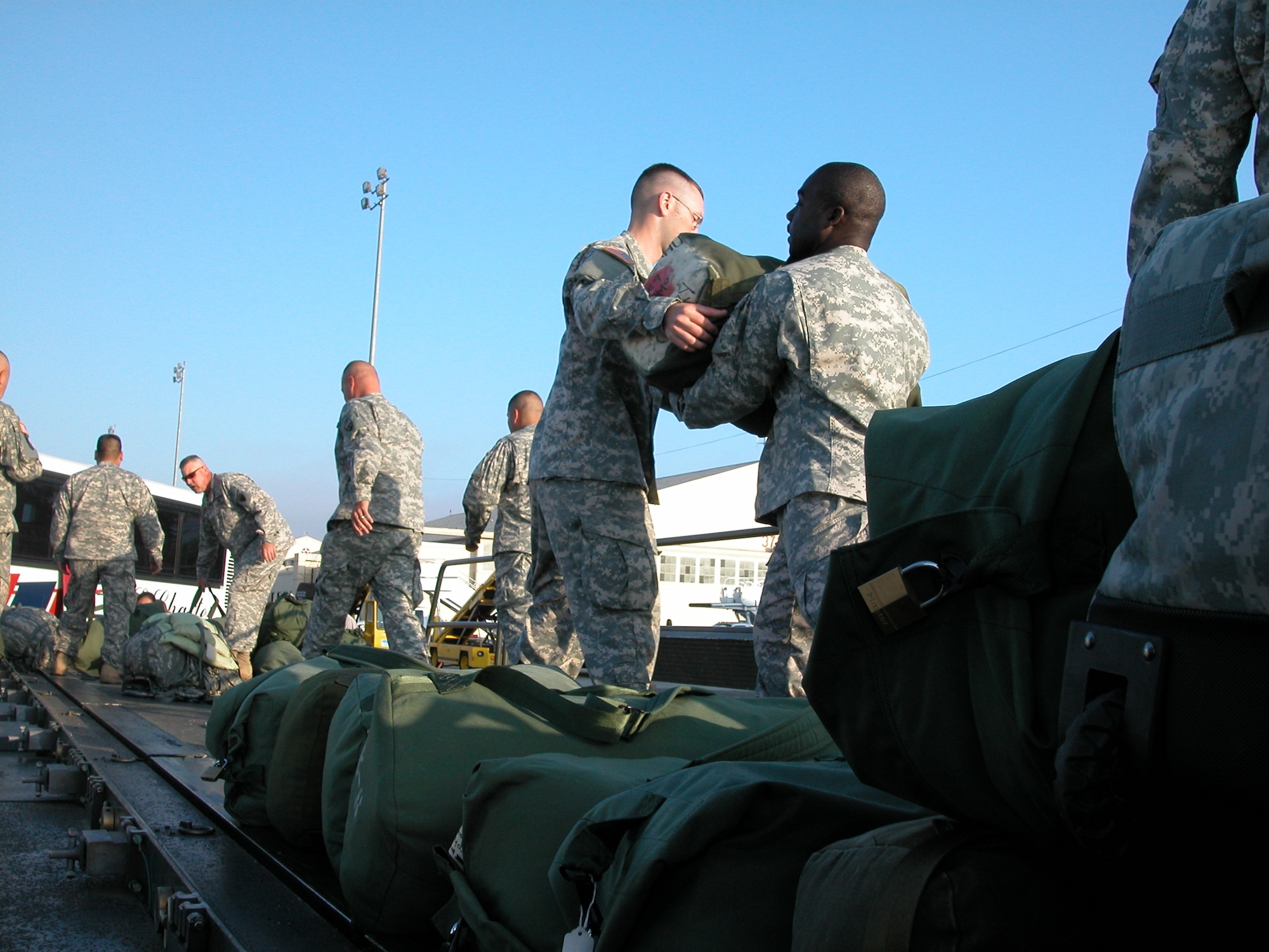 Members of the Army National Guard’s 304th Sustainment Brigade load equipment on a K-loader to prepare for their unit’s deployment to Iraq. In all, they loaded about 36,500 pounds of cargo and personal equipment. After leaving March ARB, they flew to Fort Bliss, Texas where they will train for six weeks before heading to Iraq. According to 452 APSF, 34,000 people (approximately 22 million pounds) and about 56 million pounds of cargo are processed from March ARB each year. (U.S. Air Force photo by Staff. Sgt. Joe Davidson)