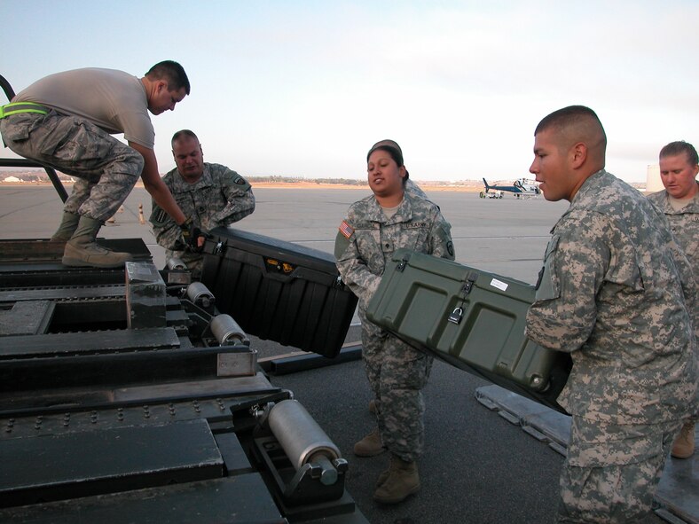 Members of the Army National Guard’s 304th Sustainment Brigade load equipment on a K-loader to prepare for their unit’s deployment to Iraq. In all, they loaded about 36,500 pounds of cargo and personal equipment. After leaving March ARB, they flew to Fort Bliss, Texas where they will train for six weeks before heading to Iraq. According to 452 APSF, 34,000 people (approximately 22 million pounds) and about 56 million pounds of cargo are processed from March ARB each year. (U.S. Air Force photo by Staff. Sgt. Joe Davidson)