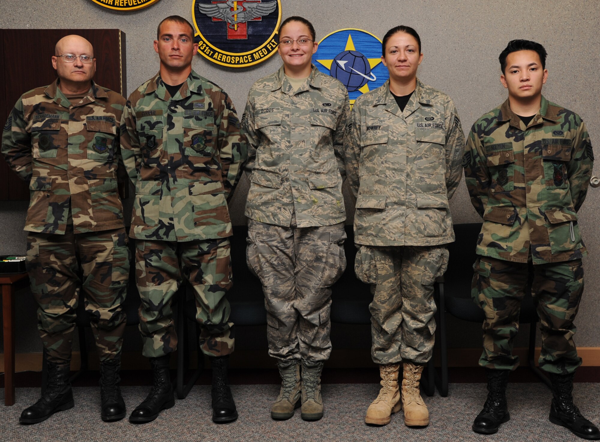 Five Airmen joined the 931st Air Refueling Group family during the October unit training assembly: (from left to right) Tech. Sgt. Kevin Schademann, Senior Airman Allen Cooper, Senior Airman Candice Dodds, Senior Airman Amy Mowrey, and Staff Sgt. Khoa Nguyen.