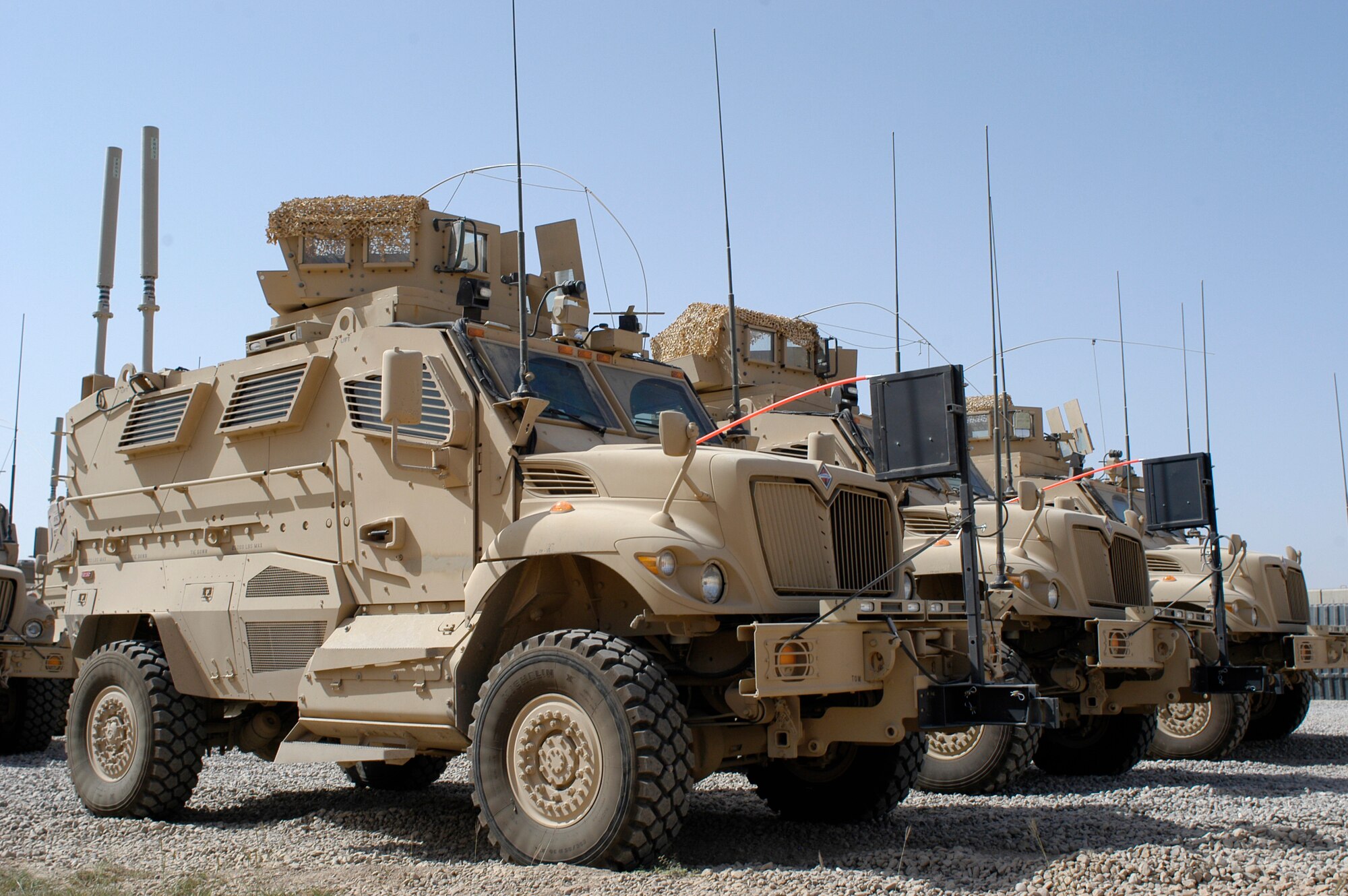 Mine Resistant Ambush Protected vehicles sit in the 532nd Expeditionary Security Forces Group Quick Response Force parking area at Joint Base Balad, Iraq, Oct 7. Air Force security forces personnel here have incorporated MRAPs into their historic mission to defend the base both inside and outside the perimeter, a mission not conducted by the Air Force since the Vietnam War. (U.S. Air Force photo/Tech. Sgt. Craig Lifton) 