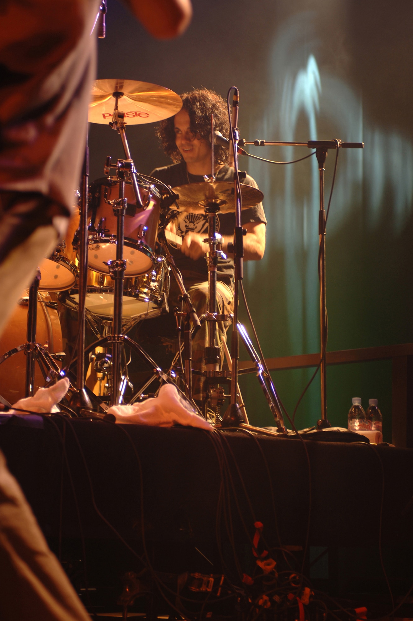 Derek Cintron, drummer for Scott Stapp's band, performs at RAF Molesworth, United Kingdom, October 15. Hundreds of service members, DOD civilians, Ministry of Defense employees and family members came out to get a taste of home from Scott Stapp and his band who are on tour to entertain service members around the world. Stapp praised the men and women of the armed forces and their families for the daily sacrifices the make.