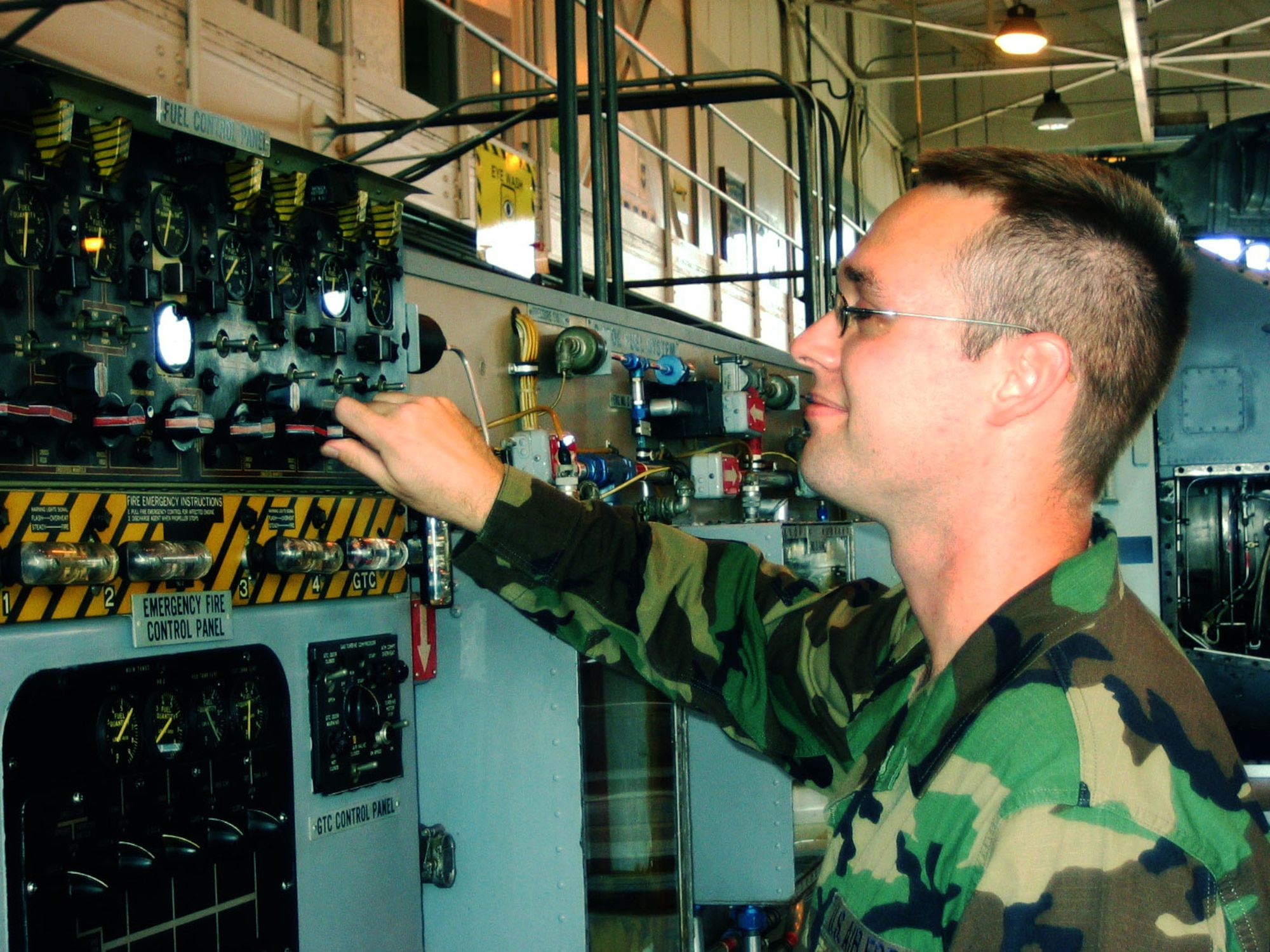 Senior Airman Nathan Nahler, graduate of the C-130 Aerospace Maintenance course, operates the aircraft Single Point Refuel panel on the aircraft fuel system trainer. Airman Nahler received the Ace Award Oct. 20 for maintaining a cumulative average of 100 percent through ten blocks of instruction. (U.S Air Force photo)