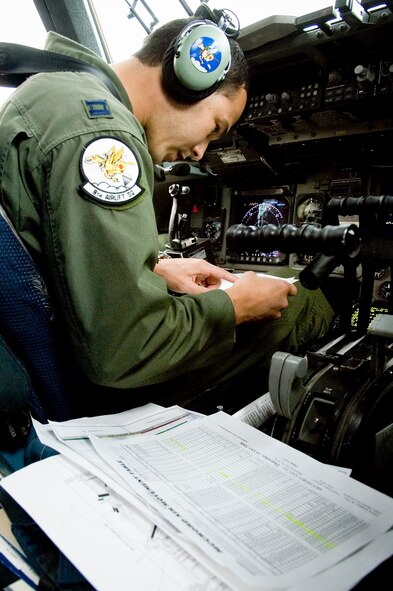 Capt. Javier Orama, 8th Airlift Squadron, pilot, reviews pre-flight checklists prior to departure on a local training flight Oct. 16. (U.S. Air Force photo/Abner Guzman)