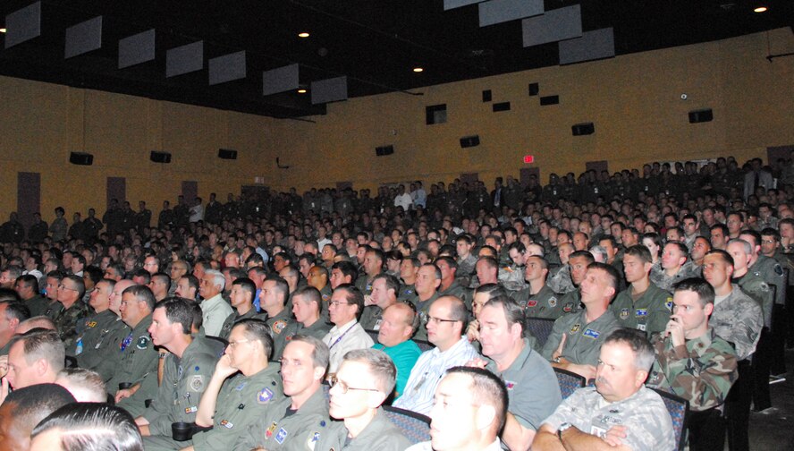 DAVIS-MONTHAN AIR FORCE BASE, Ariz. – Guardsmen and Reservists from across the country pack into the base theater here to kick off the 2008 Weapons and Tactics Conference (WEPTAC) Oct. 20. Approximately 1,600 registered conference attendees converged on Tucson, Ariz., to discuss the Air Reserve Component’s (ARC) look to the future force structure and new mission areas. The Air National Guard Air Force Reserve Test Center (AATC) and the 162nd Fighter Wing will host this annual event, Oct. 20 through 24 from D-M and the Arizona Air National Guard base at Tucson International Airport. (Air National Guard photo by Master Sgt. Dave Neve)