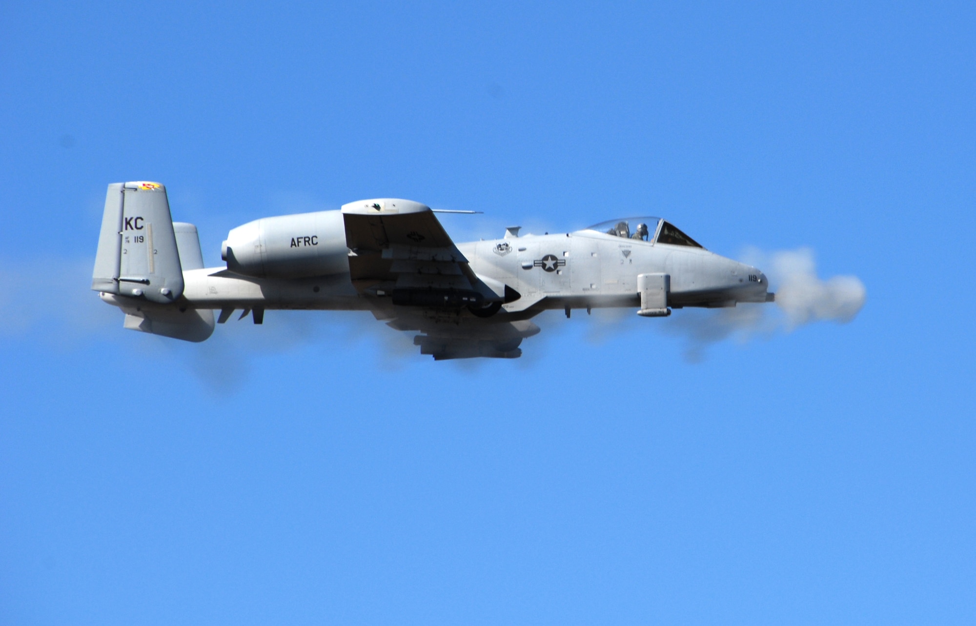 A pilot in an A-10 Thunderbolt II from the 442nd Fighter Wing fires the plane's 30-mm cannon at a target on the Smoky Hill Range near Salina, Kan., Oct. 16 during the gunnery portion of the Hawgsmoke 2008 competition.  Fourteen A-10 squadrons from throughout the Air Force participated in Hawgsmoke, with the Idaho Air National Guard's 190th Fighter Squadron taking honors as the top team.  (U.S. Air Force photo/Master Sgt. Bill Huntington.